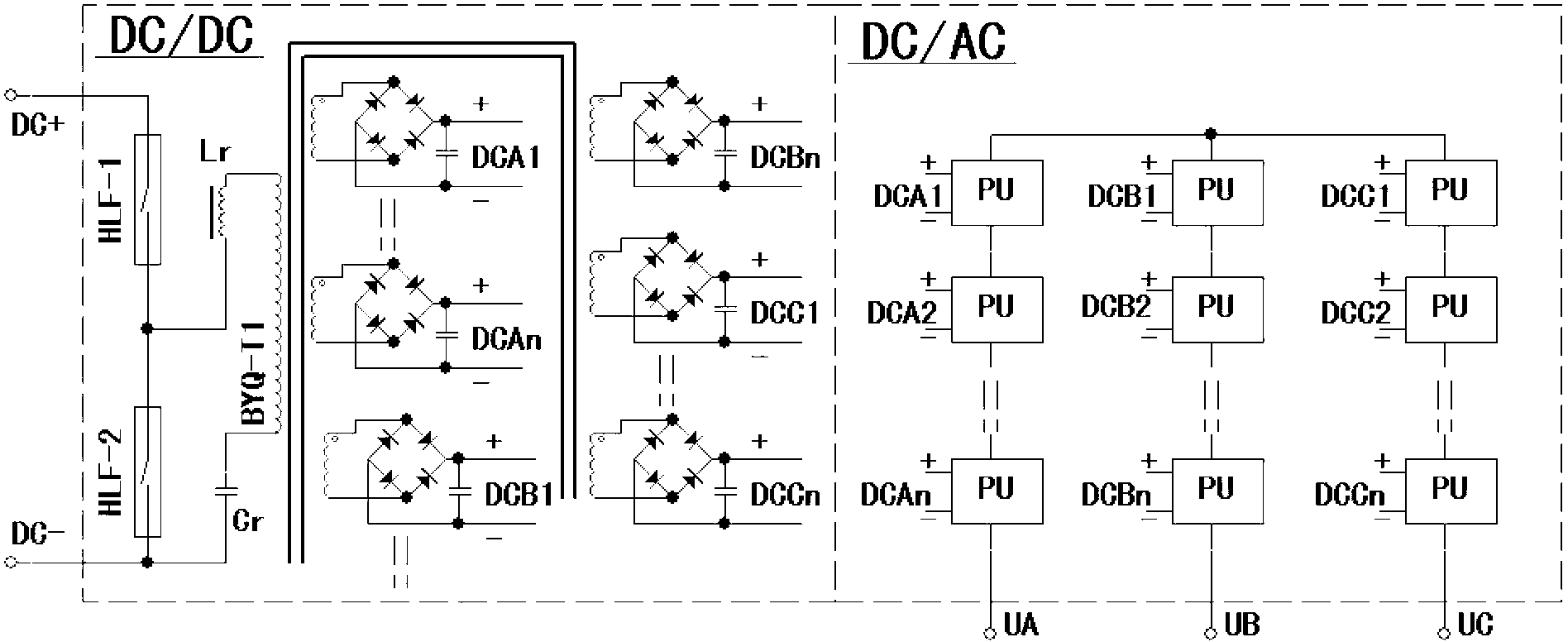 Converter for converting high-voltage direct current into alternating current