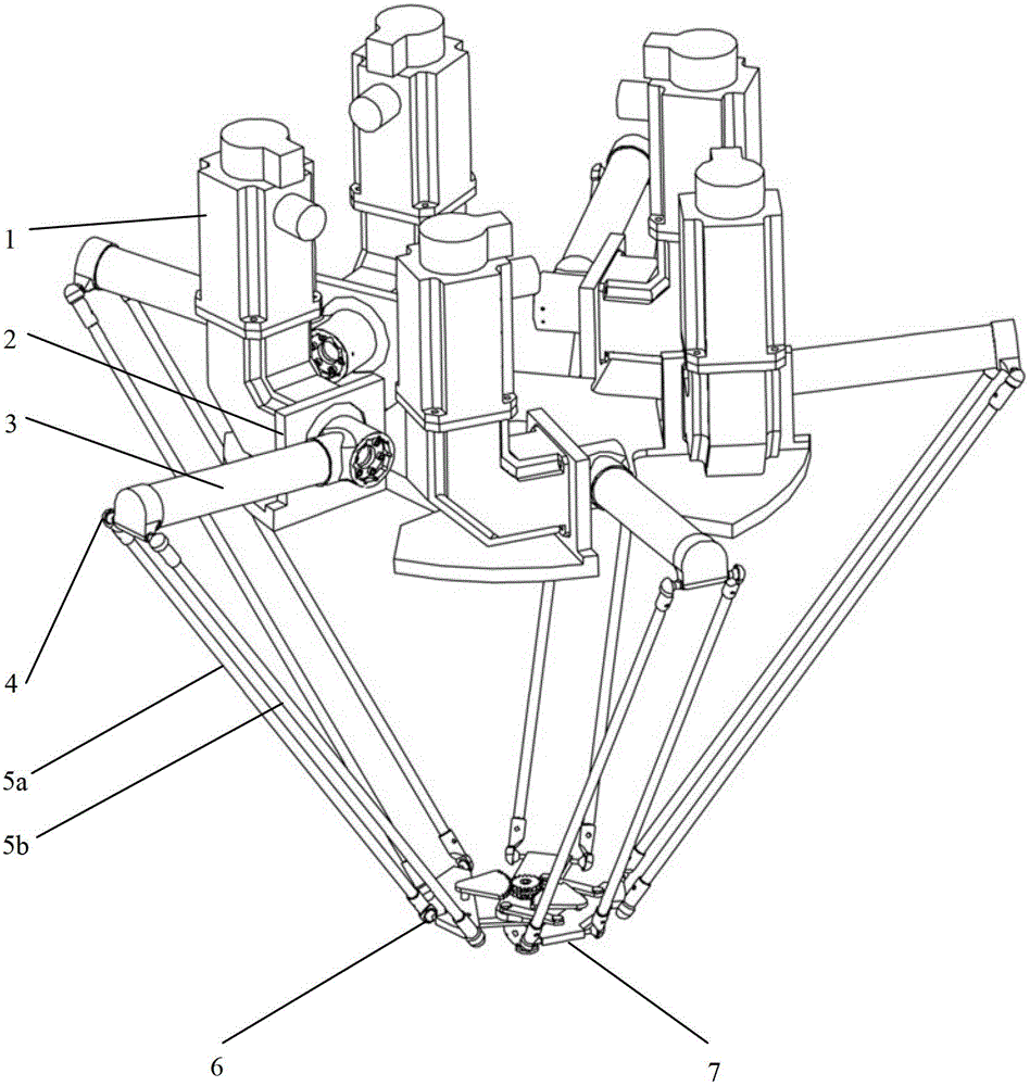 Five-degree-of-freedom parallel manipulator capable of realizing high-velocity motion