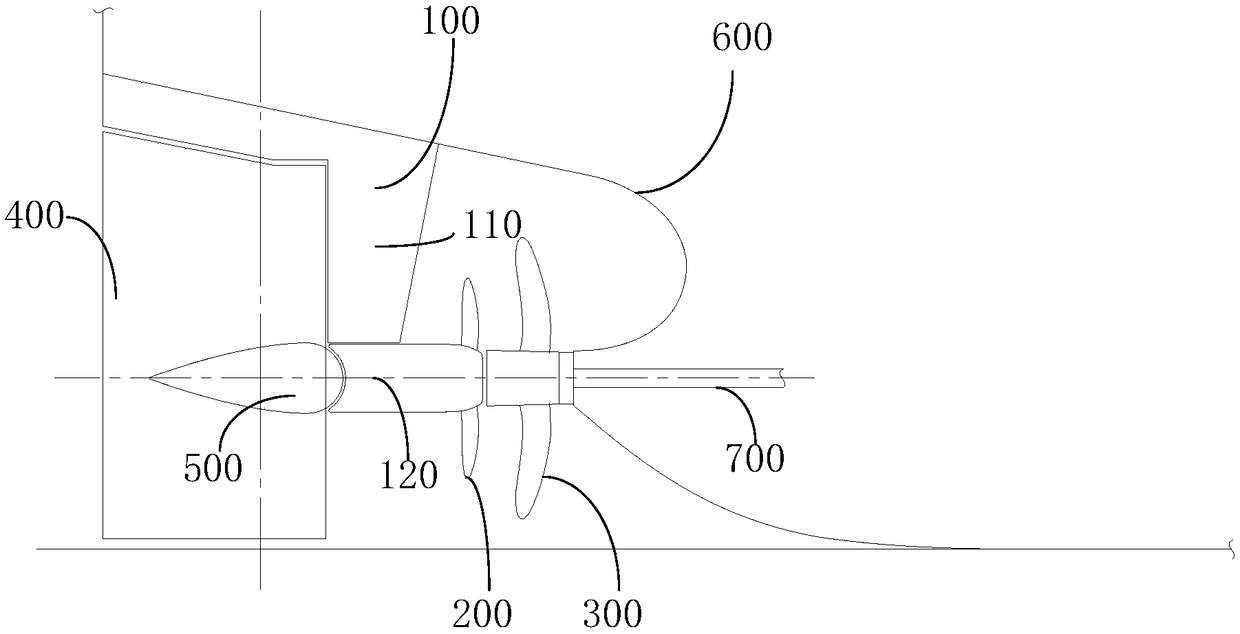 Propeller arm hanging type counter-rotating device, counter-rotating system and ship