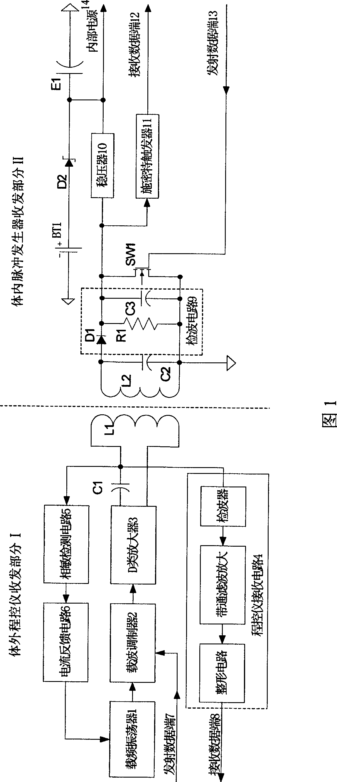 A remote detection device for implanted heart pacemaker and bidirectional data transmission method