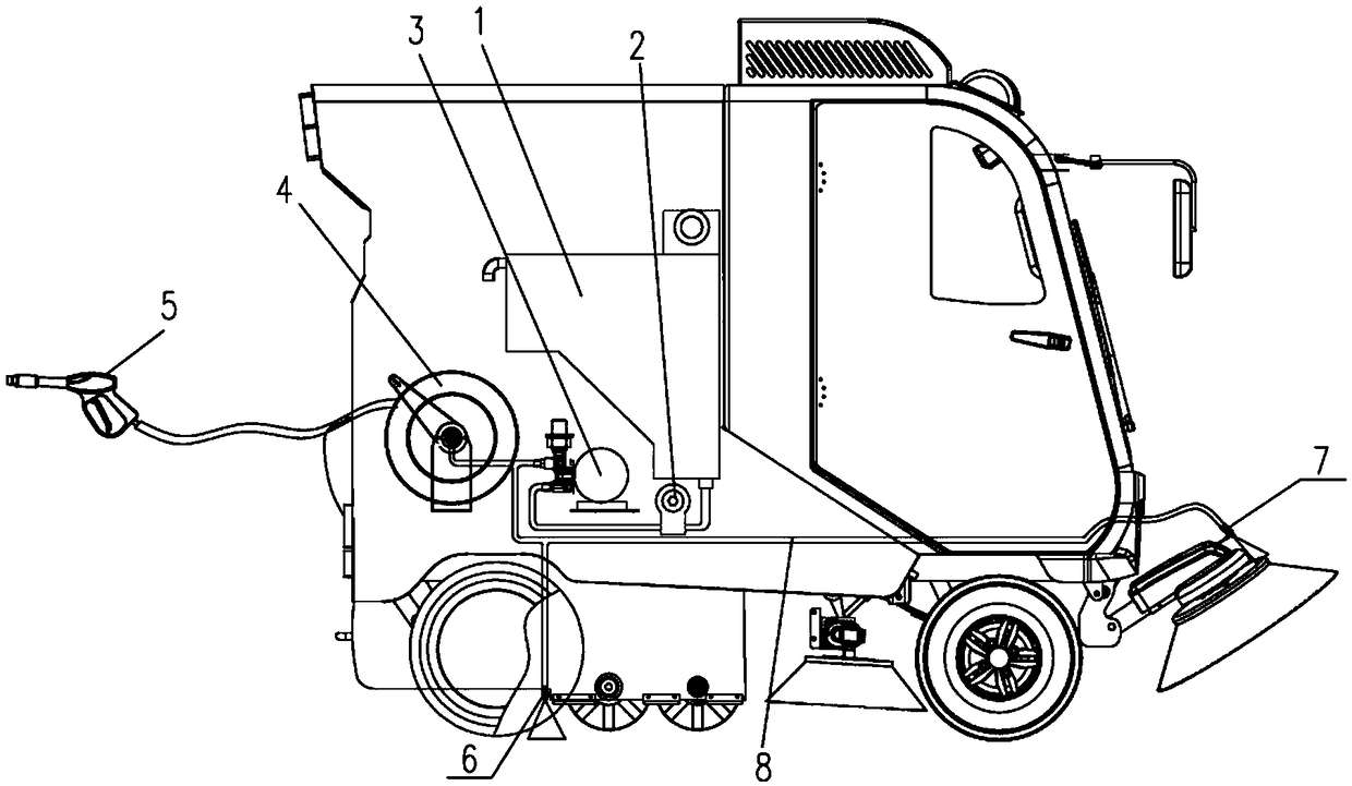 Cleaning and dust reducing device of sweeping vehicle