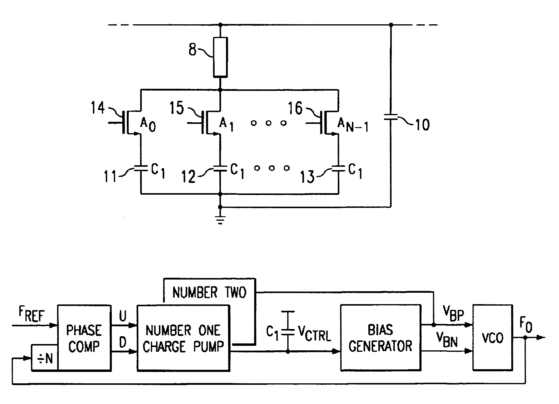 Use of configurable capacitors to tune a self biased phase locked loop