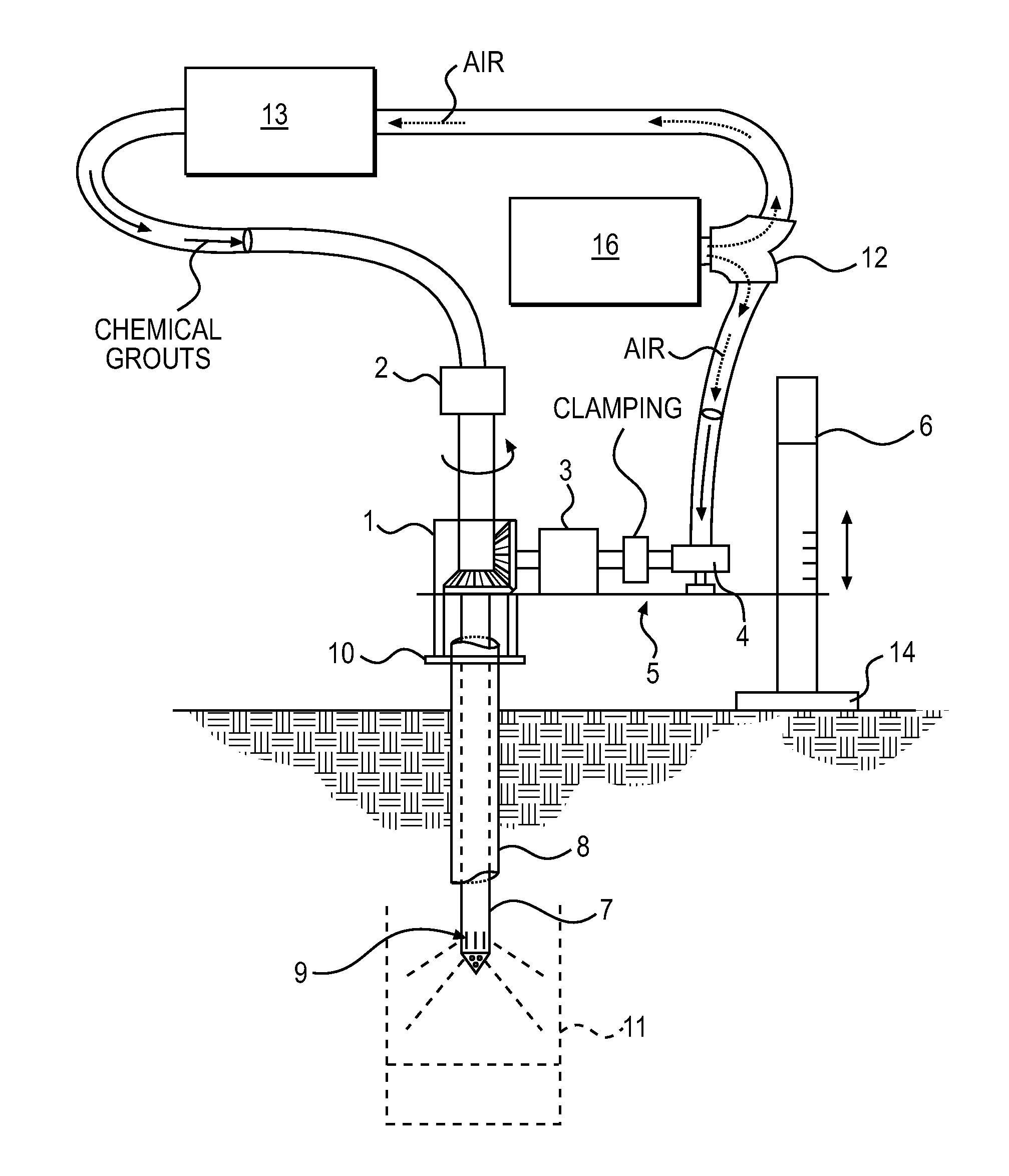 Jet grouting device with rotating roller bearing within casing pipe and rotating pipe