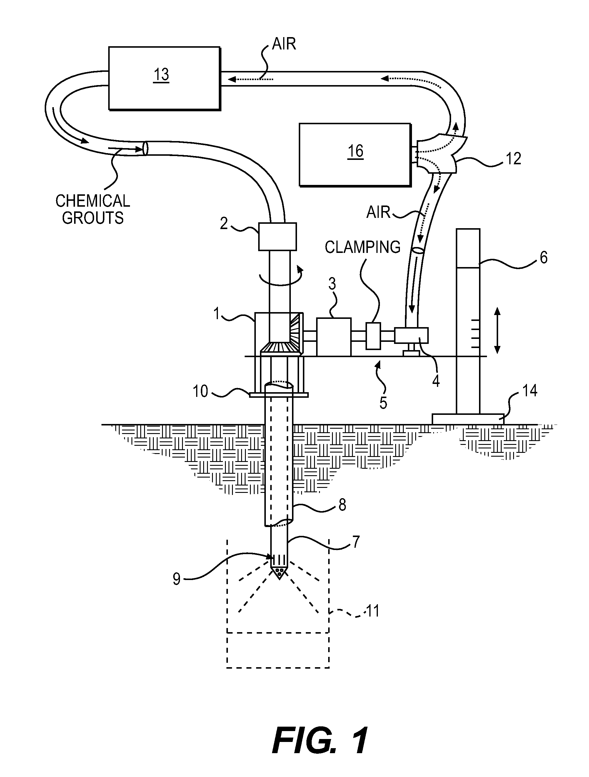 Jet grouting device with rotating roller bearing within casing pipe and rotating pipe