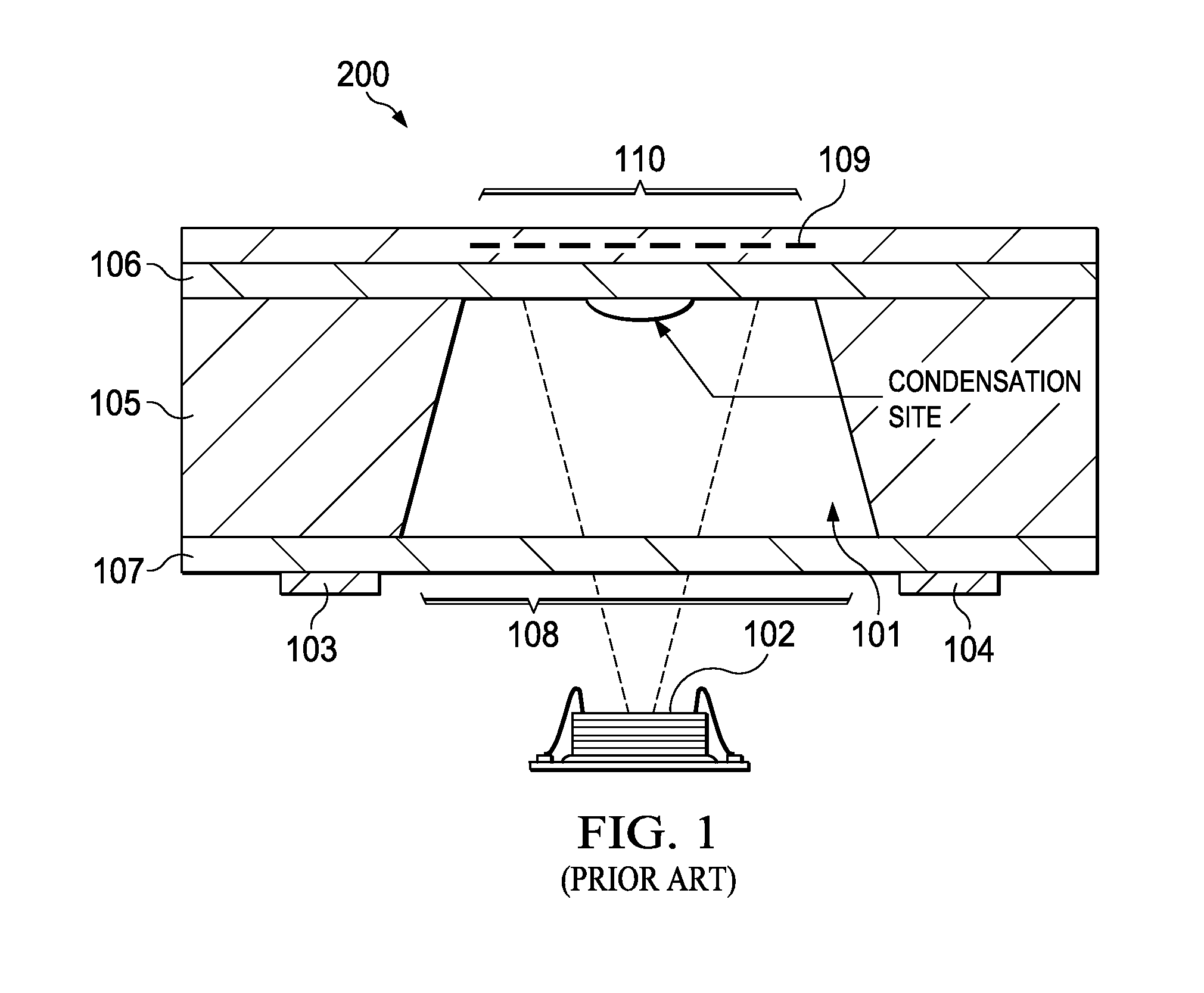 Atomic clocks and magnetometers with vapor cells having condensation sites in fluid communication with a cavity to hold a vapor condensation away from an optical path