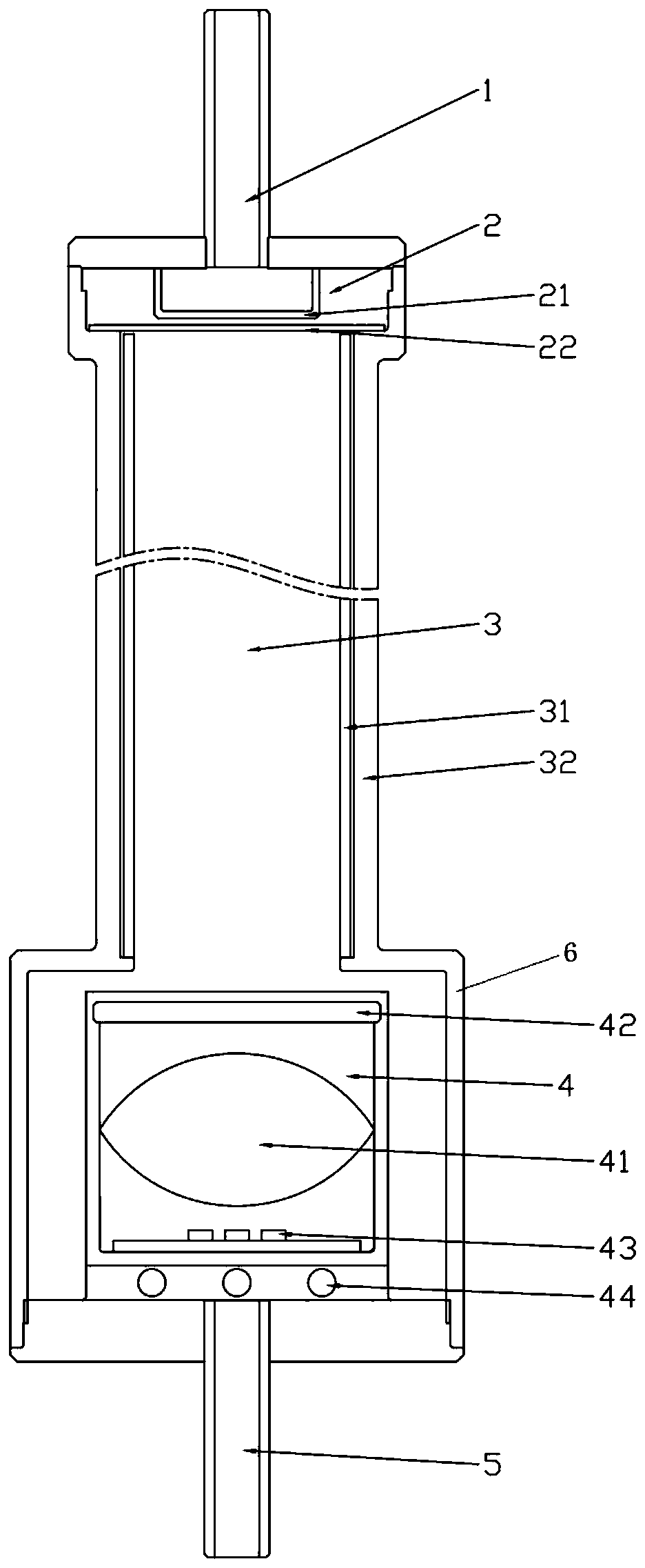 Flowing-through type water sterilizing device and water purifying facility