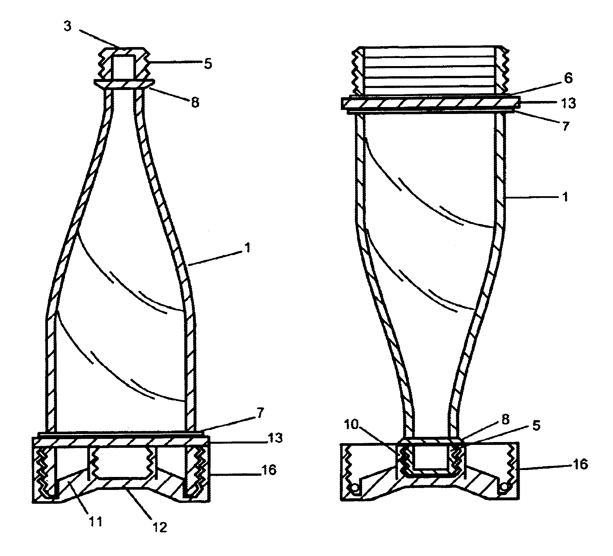 Container with large open end and opposed closed smaller end, and concave end cap with detachable closure and inner threaded openings for both ends of container
