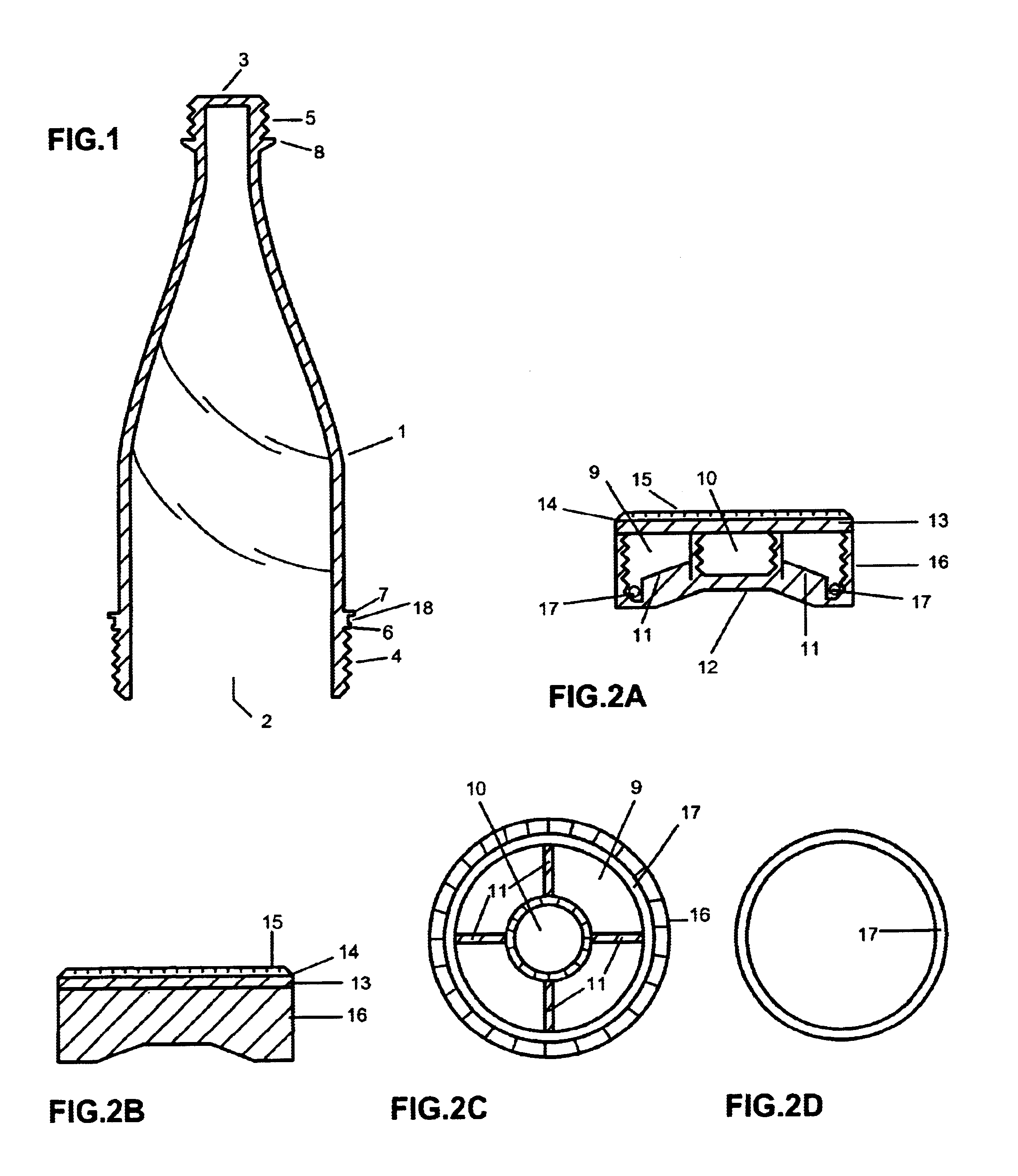 Container with large open end and opposed closed smaller end, and concave end cap with detachable closure and inner threaded openings for both ends of container