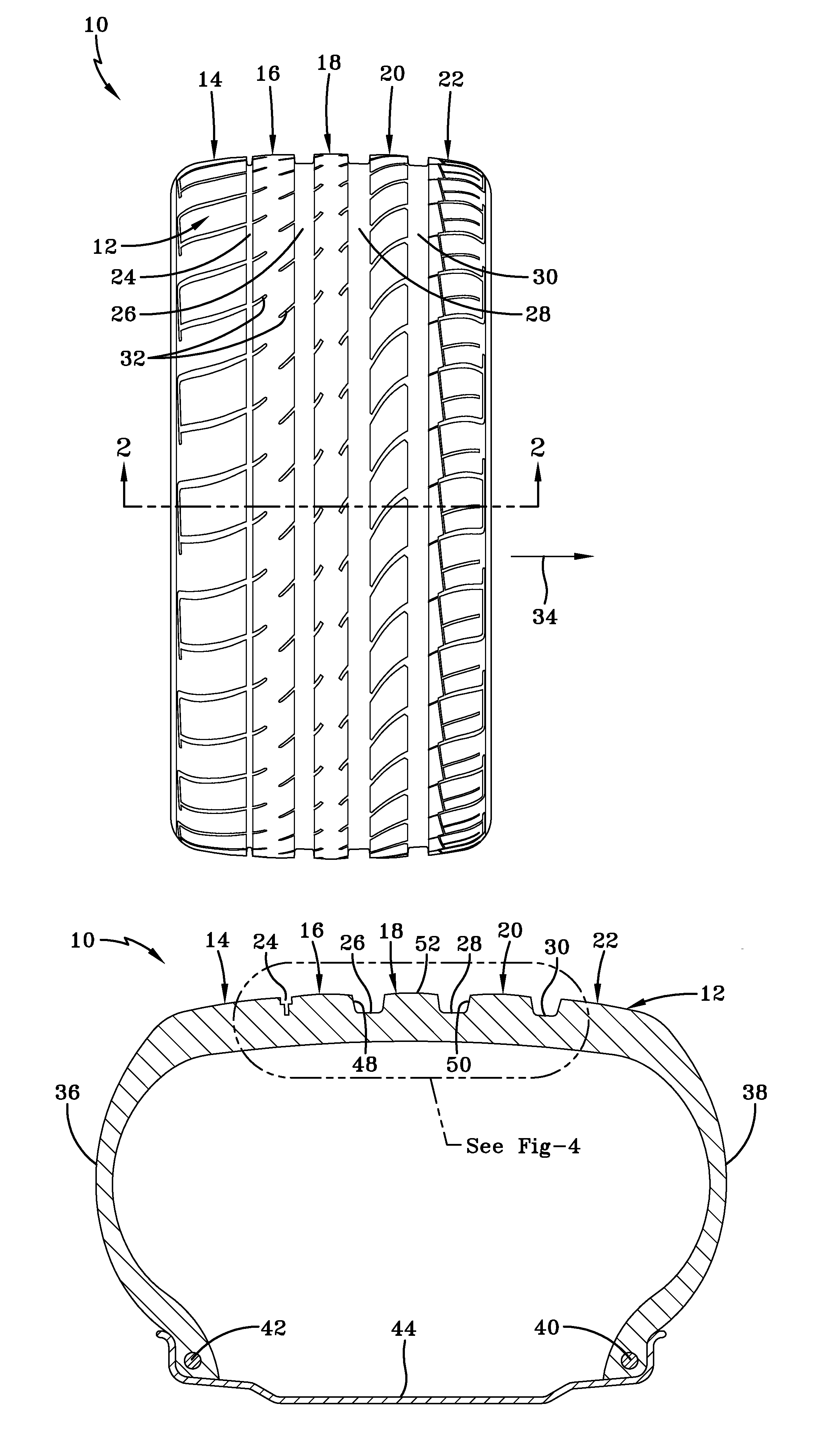 Tire tread having improved contact pressure distribution
