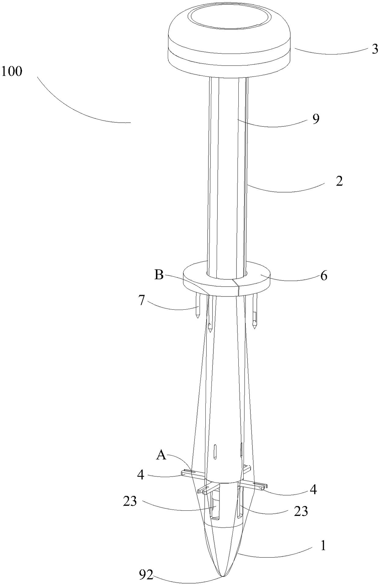 A suture assembly for suturing a puncture hole