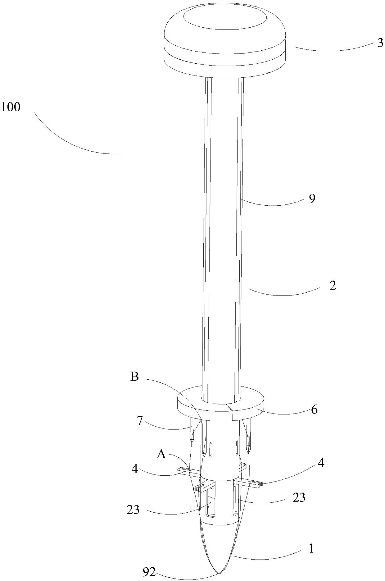 A suture assembly for suturing a puncture hole