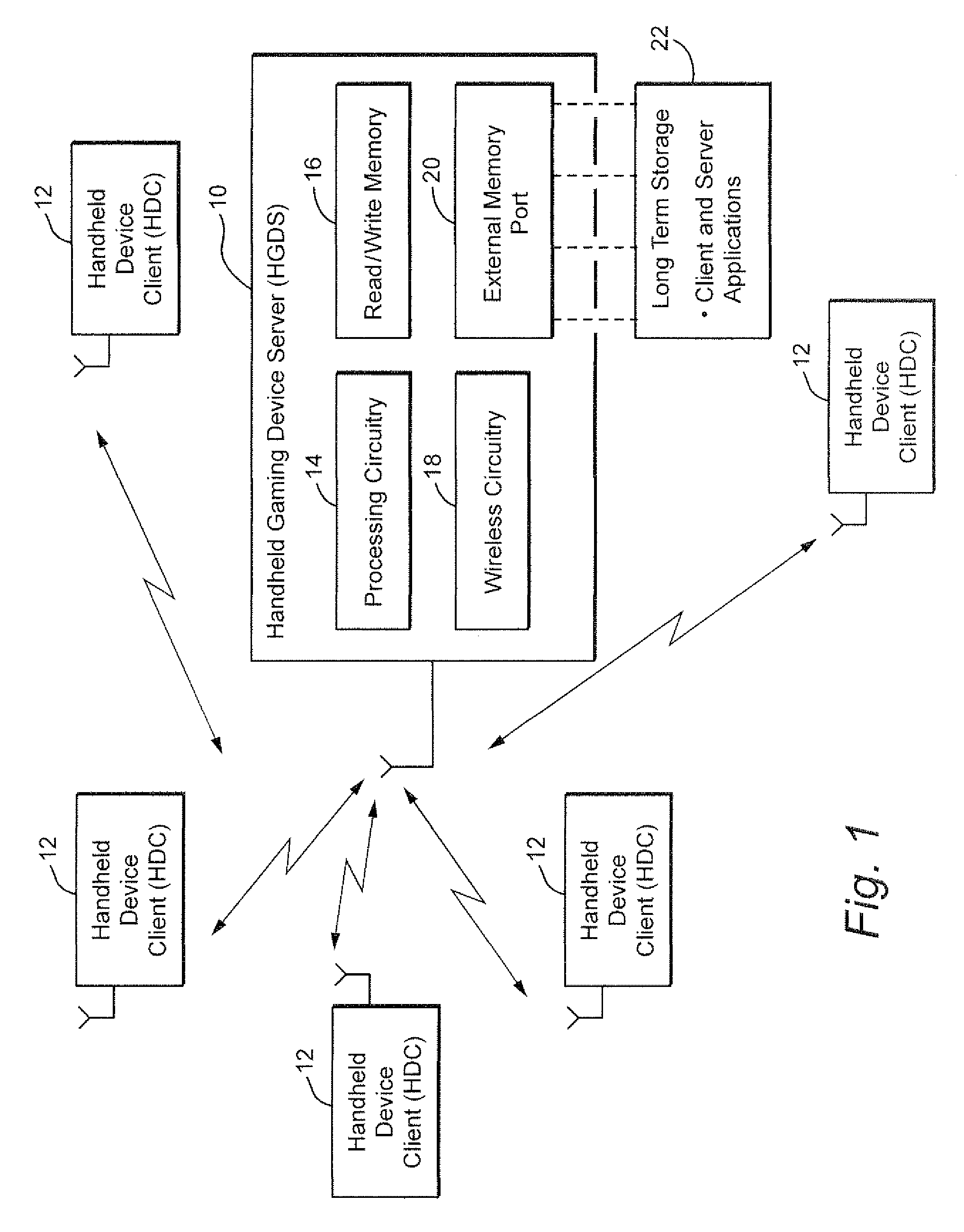 Handheld wireless game device server, handheld wireless device client, and system using same