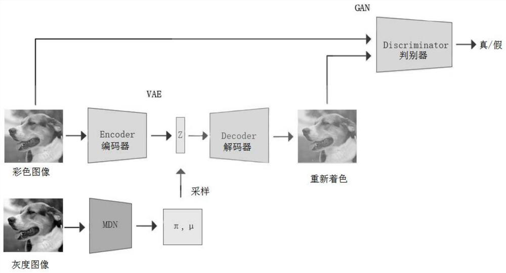 Gray level image coloring method based on VAE-GAN and mixed density network
