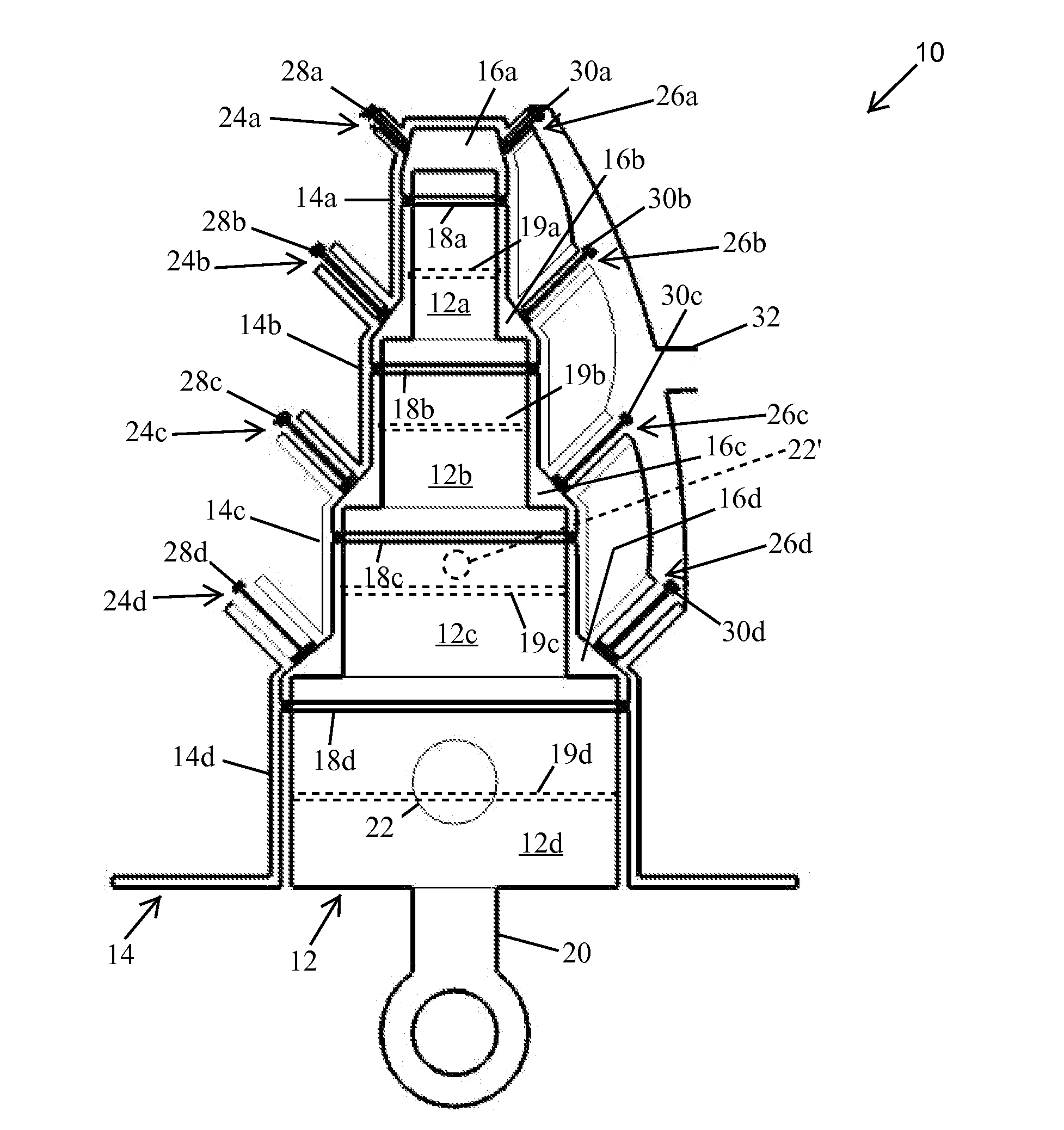 Variable-displacement piston-cylinder device
