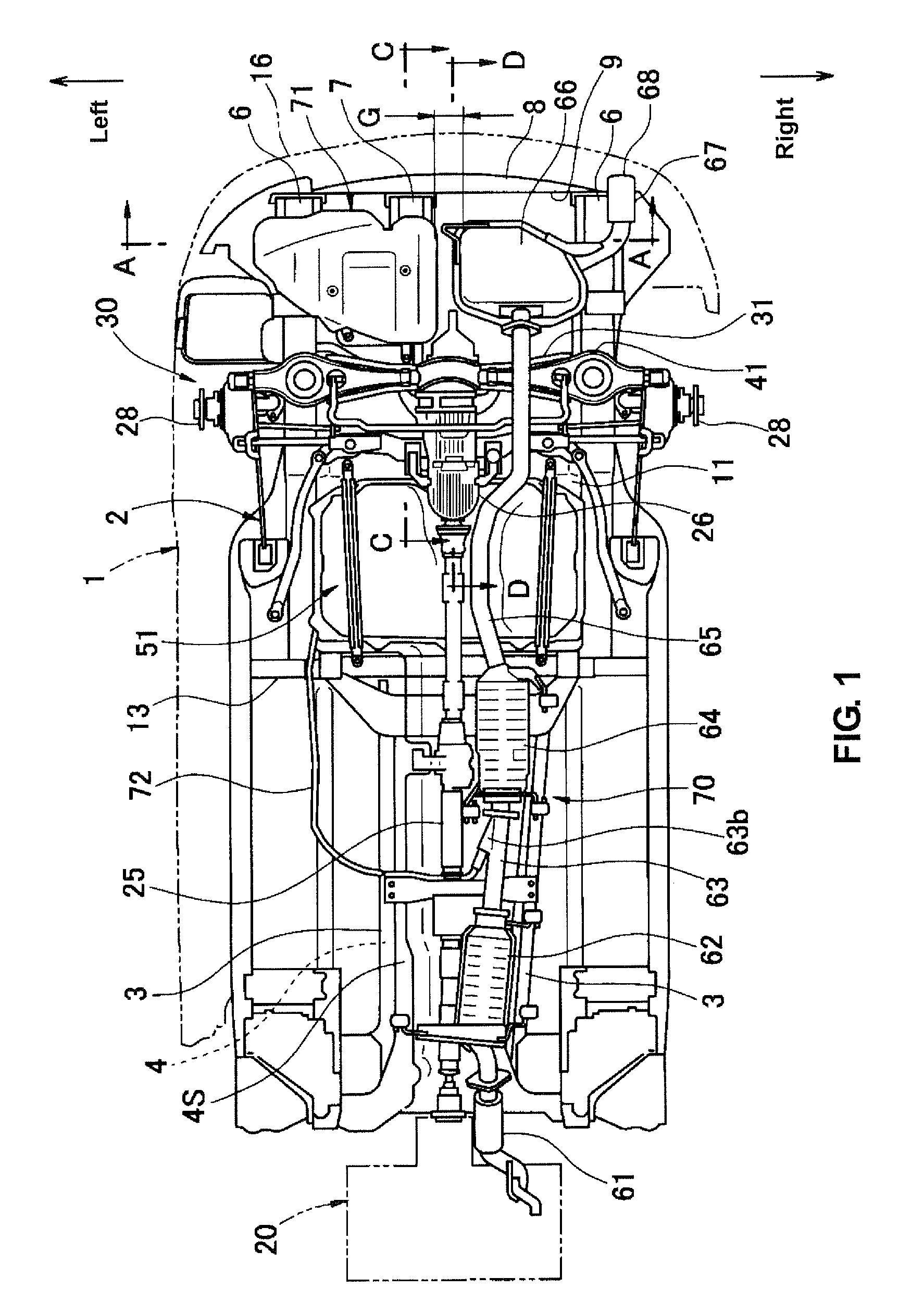 Exhaust-gas purification device disposition structure of vehicle