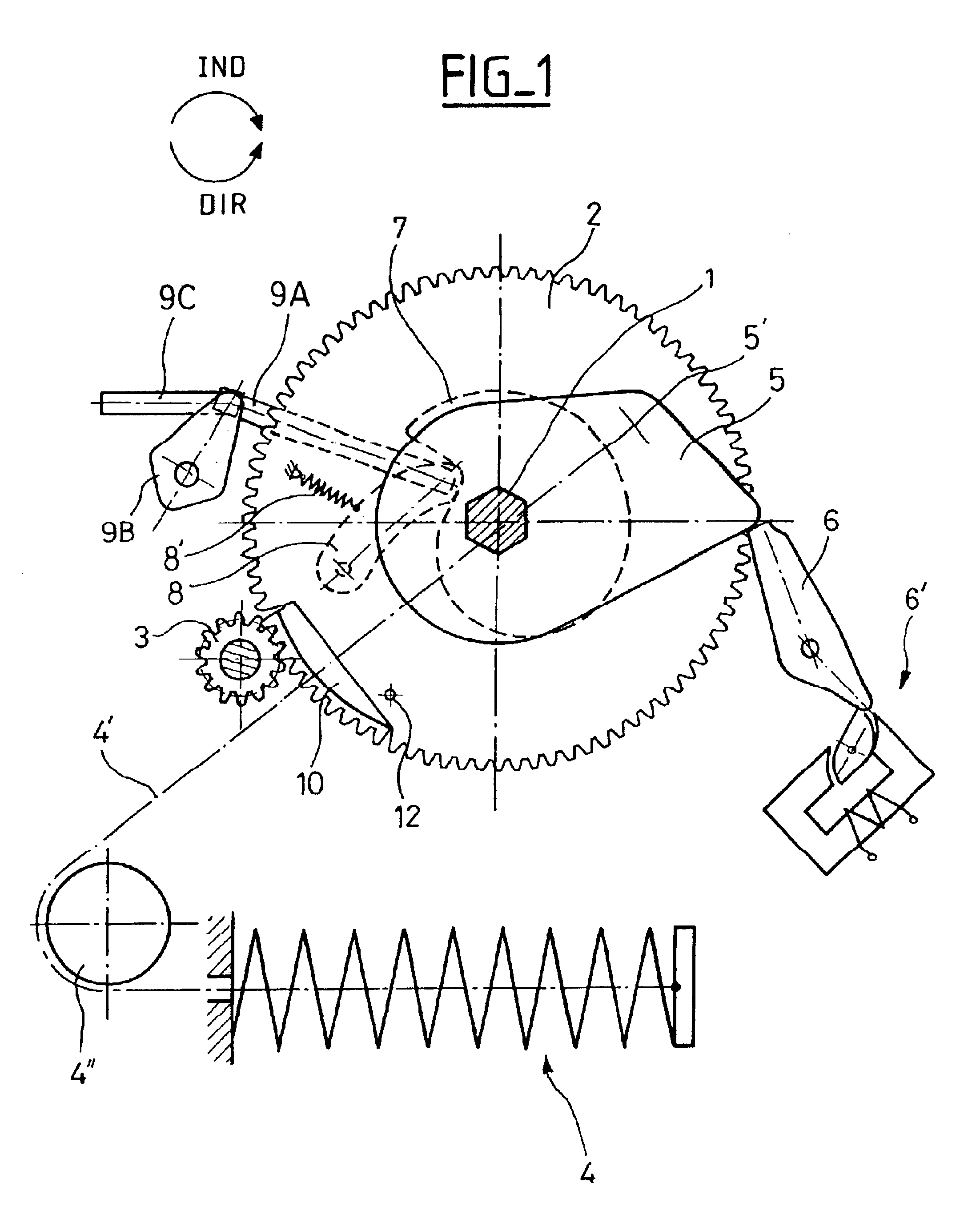 Spring loaded mechanical control mechanism for a circuit breaker comprising a toothed wheel cooperating with a cog wheel