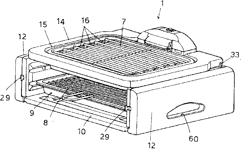 Combined food cooking device and process