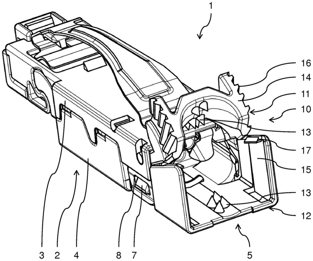 RJ45 connector comprising strain relief arrangement