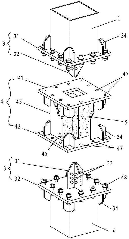 A fixed connection node of a rectangular component and its assembly method