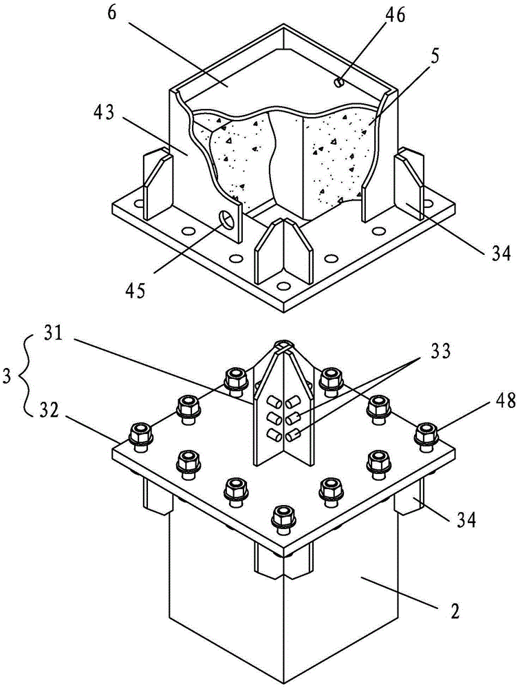 A fixed connection node of a rectangular component and its assembly method