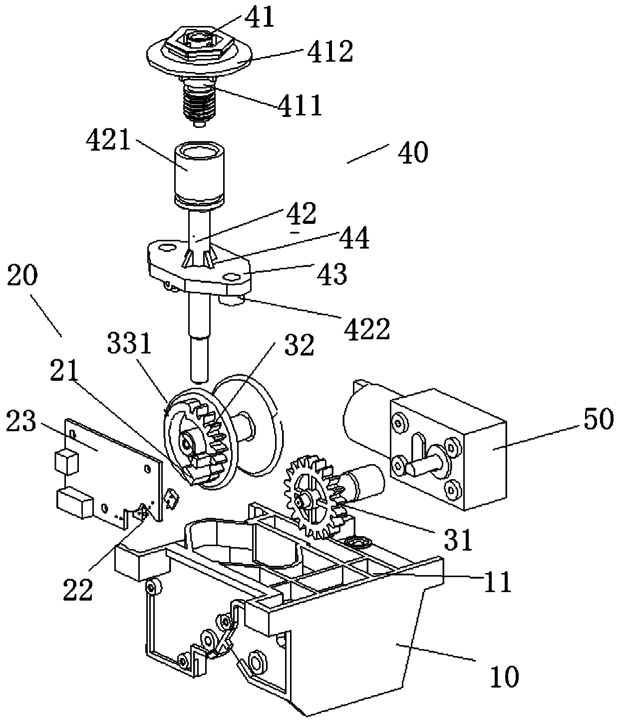 Discharging device suitable for discharging of charging bucket and application thereof