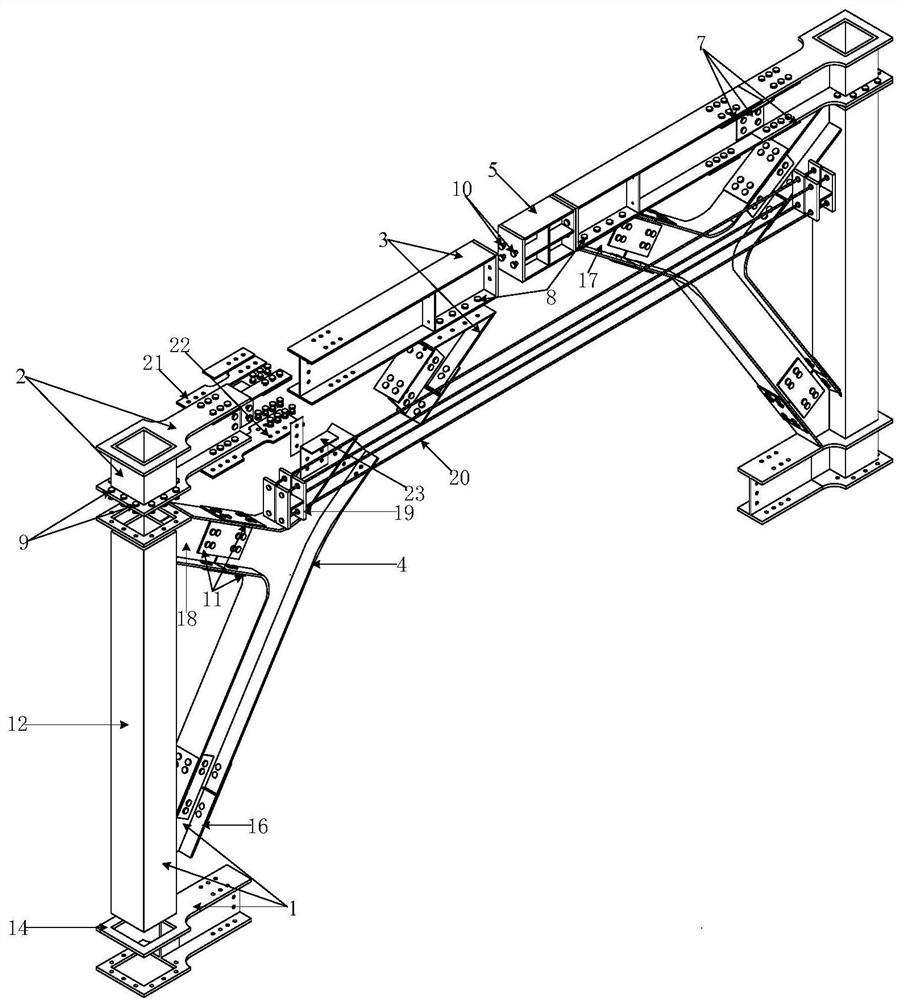A self-resetting steel frame eccentric support system with large headroom and flanges