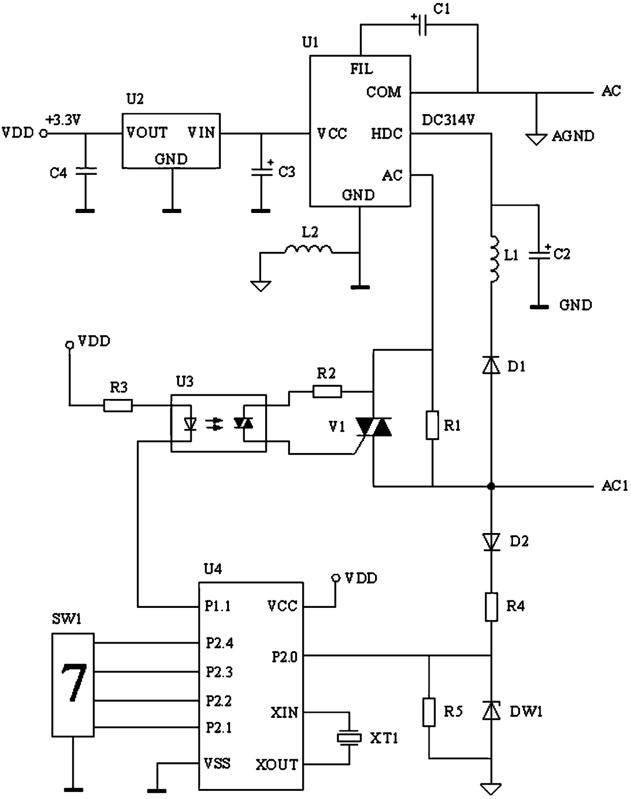 A single-fire line low harmonic adjustment method for controlling the brightness of an LED lamp