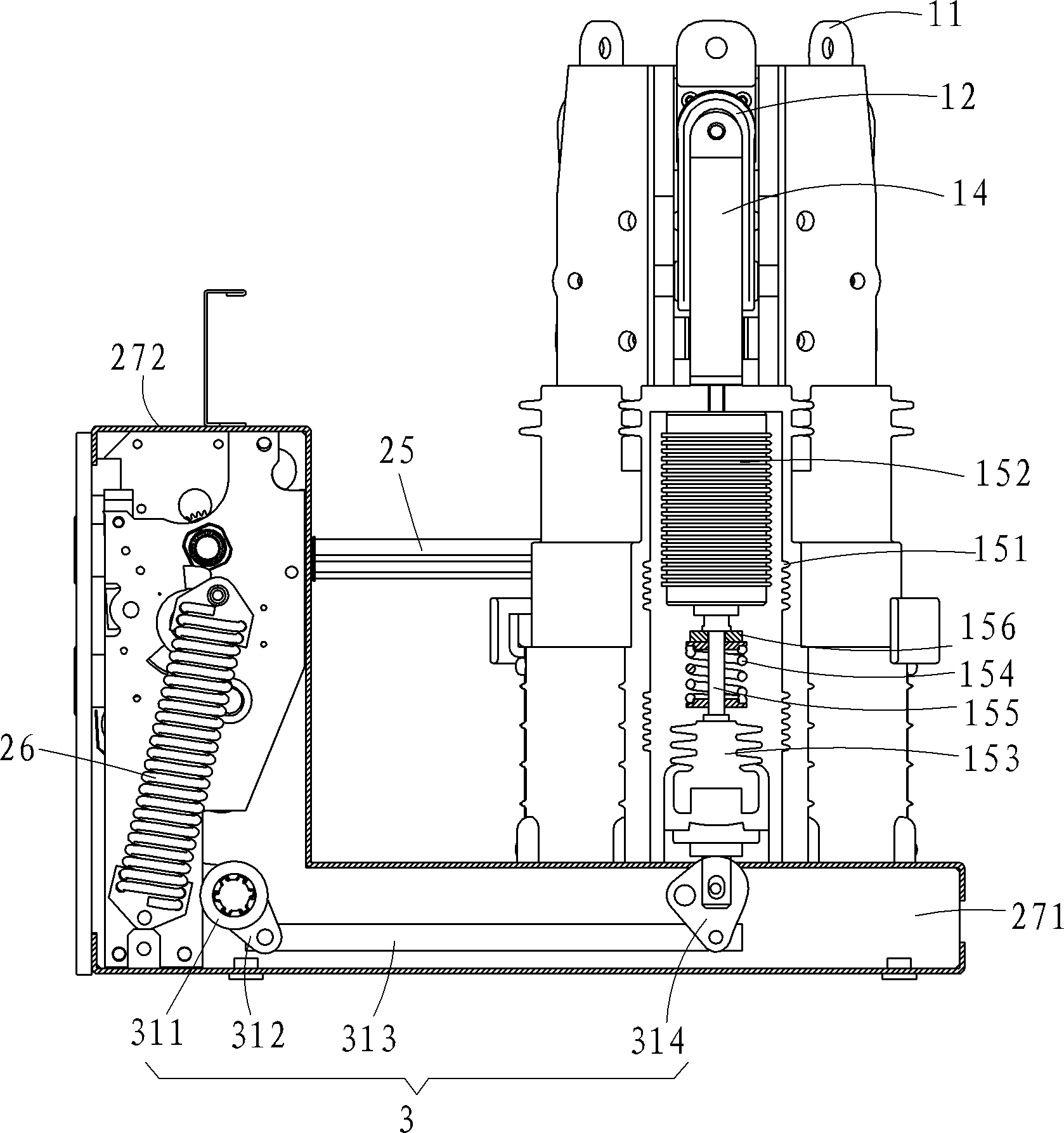 High-voltage switch with three-phase bodies in triangular distribution and high-voltage switch cabinet