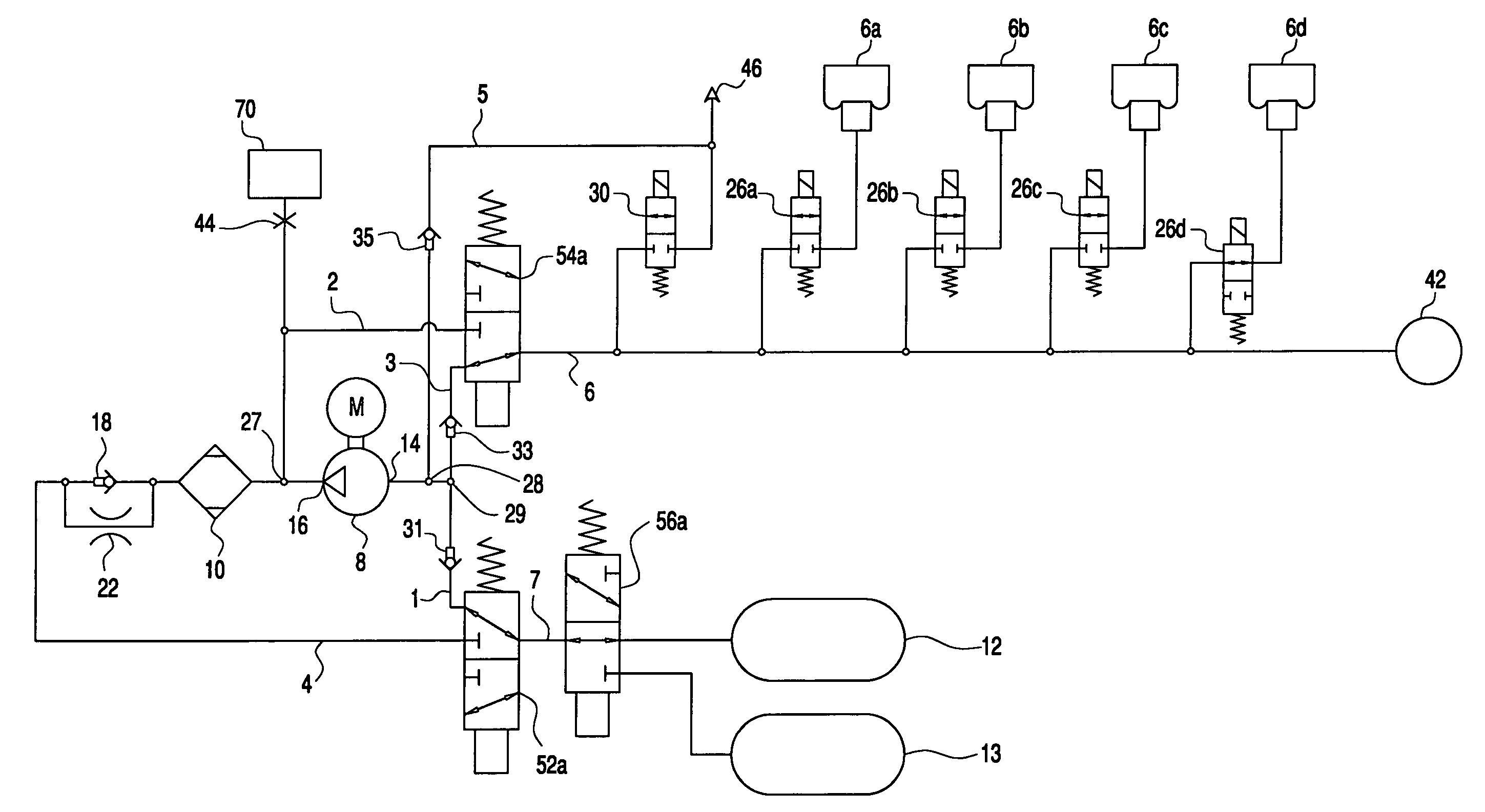 Closed level control system for a vehicle with the system having two pressure stores