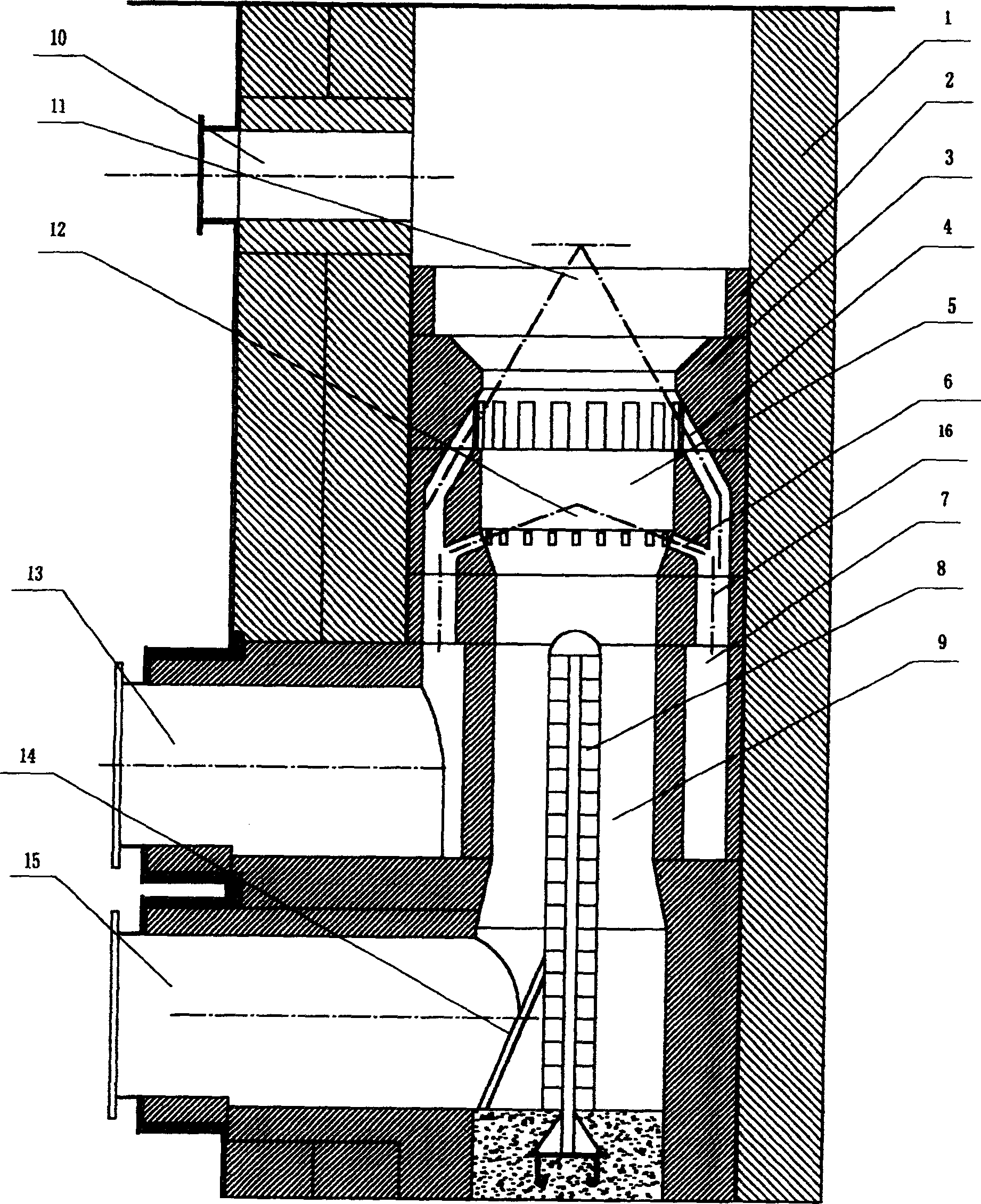 Blast furnace hot blast stove ceramic burner with central circumferential flow column