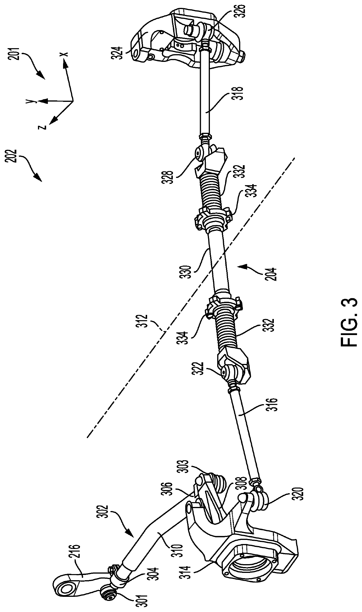 Steering assembly with sliding middle link