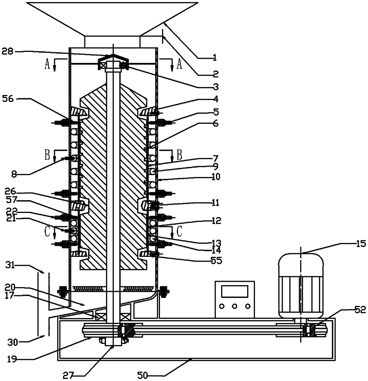 A dynamic pressure regulating grinding type tartary buckwheat hulling machine