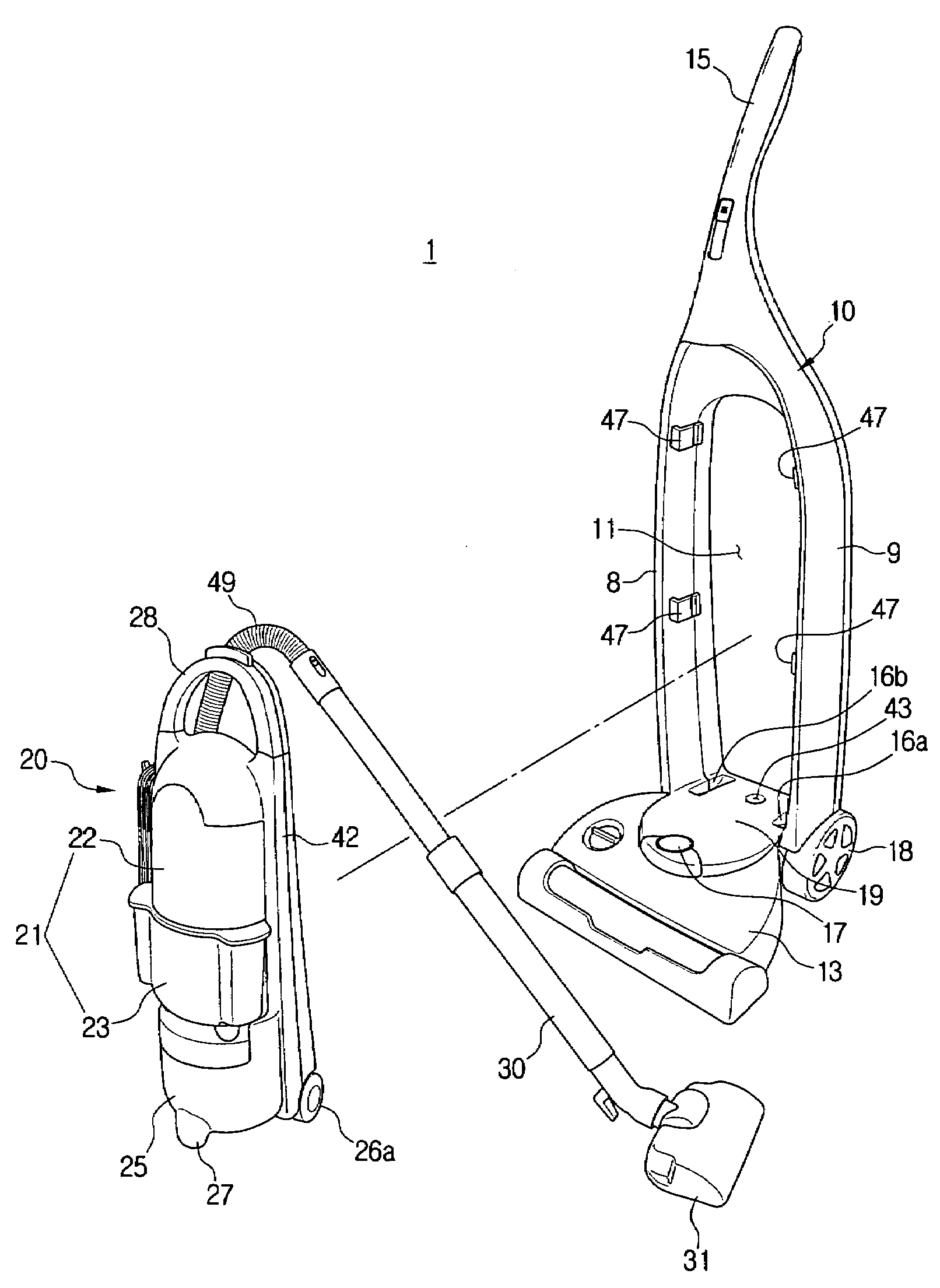 Vacuum cleaner having main body detachably mounted in frame