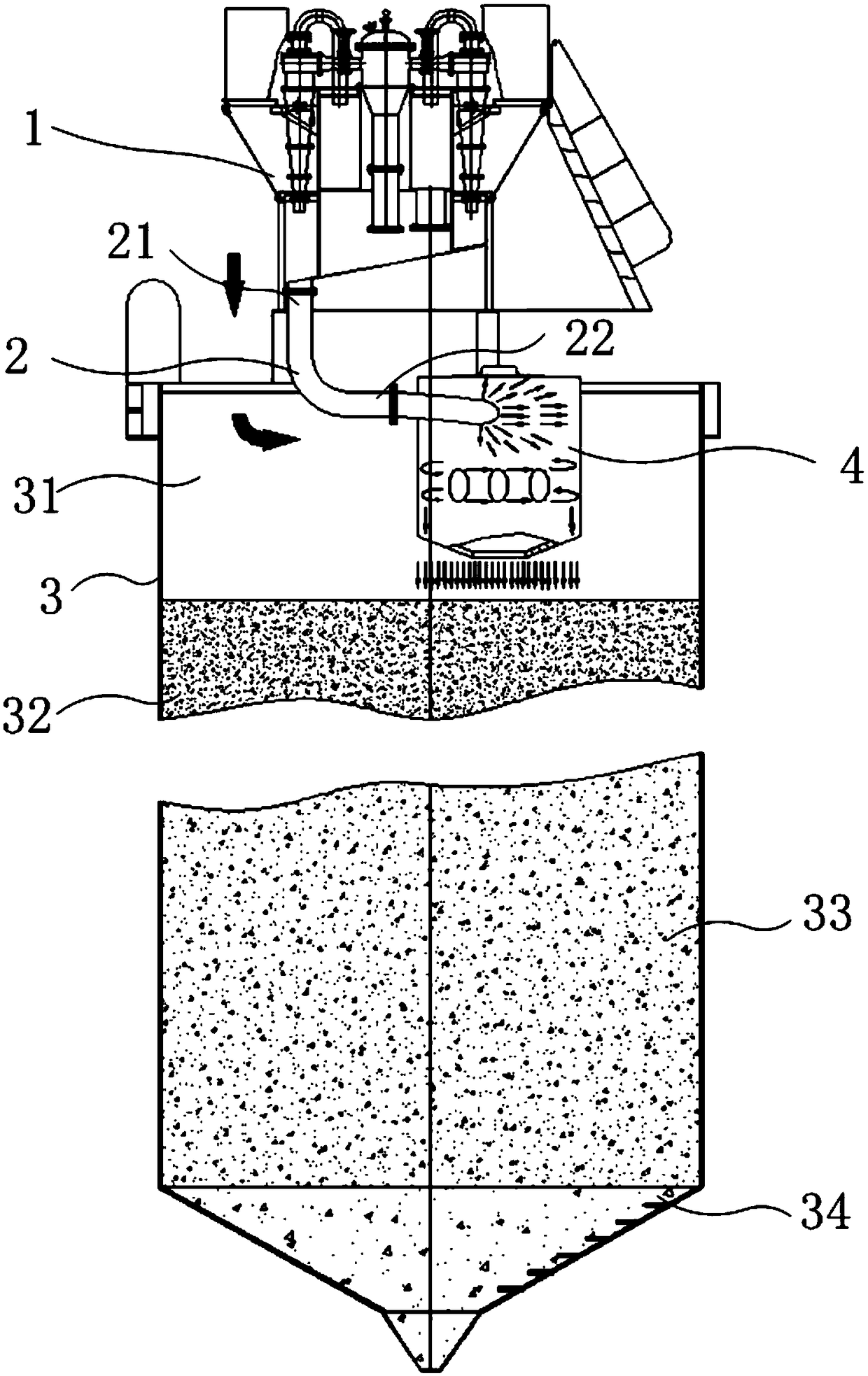 Cyclone bottom-flow energy dissipation device in graded tailing filling system and energy dissipation method thereof