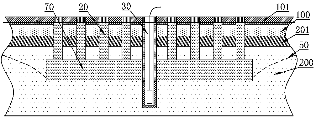 Water-level-reducing and draining structure with horizontal sand wells around foundation pit, and water-level-reducing and draining method
