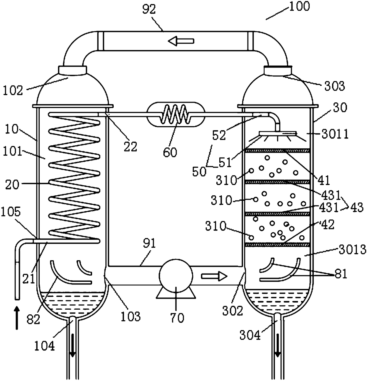 Humidification and dehumidification water purification device with fluidized bed enhanced evaporation