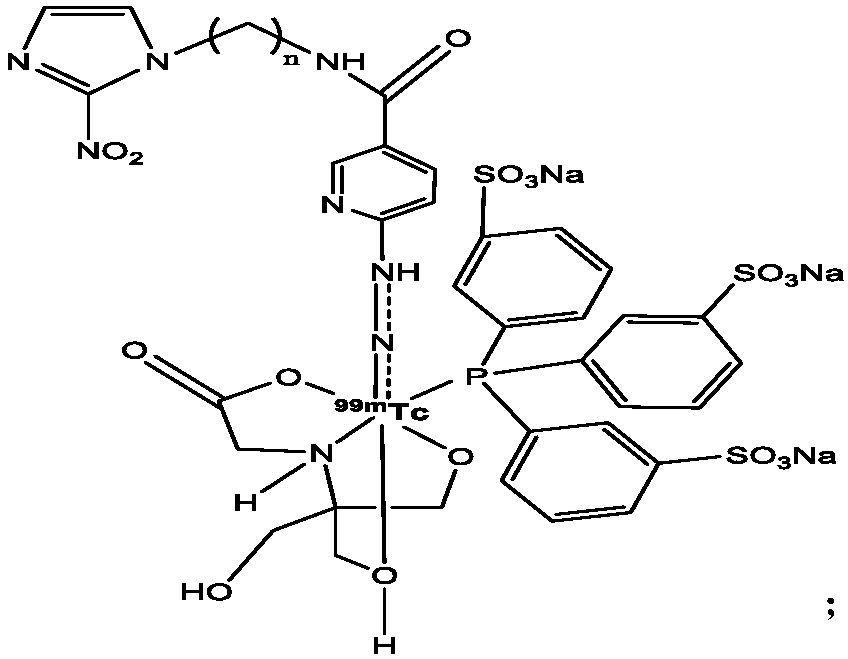 Technetium-99m labeled 2-nitroimidazole complex containing hydrazinyl nicotinamide group and preparation method and application of technetium-99m labeled 2-nitroimidazole complex