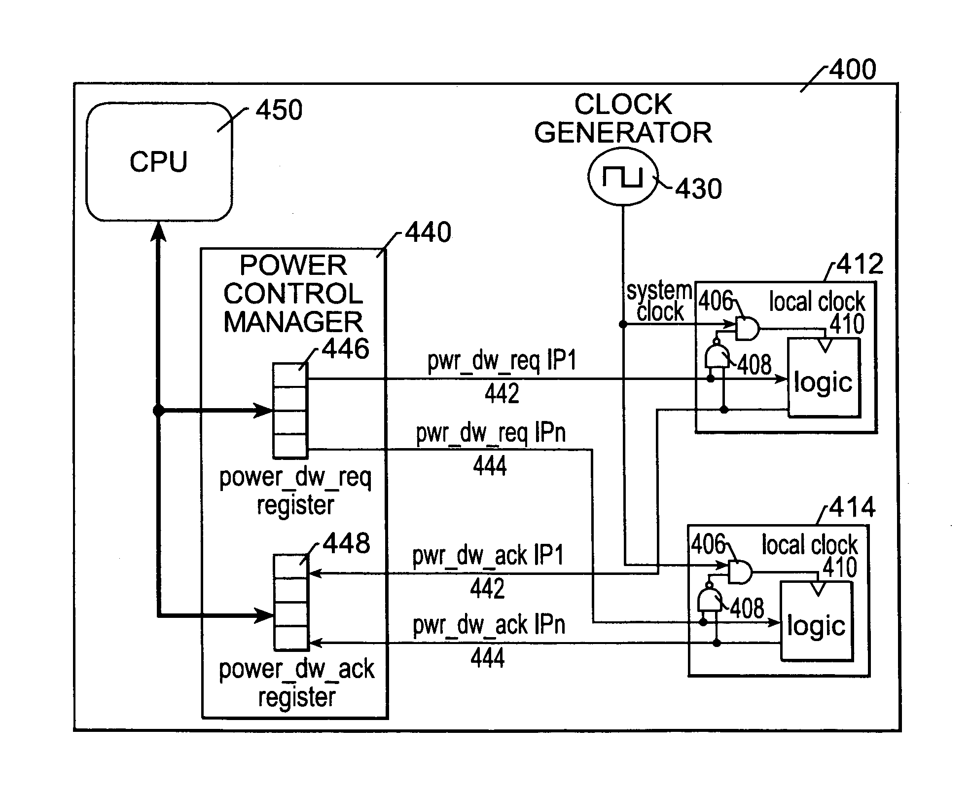 Integrated circuit selective power down protocol based on acknowledgement