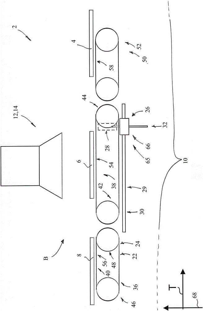 Conveying device for conveying workpieces, in particular circuit boards, in the conveying direction along a conveying line.