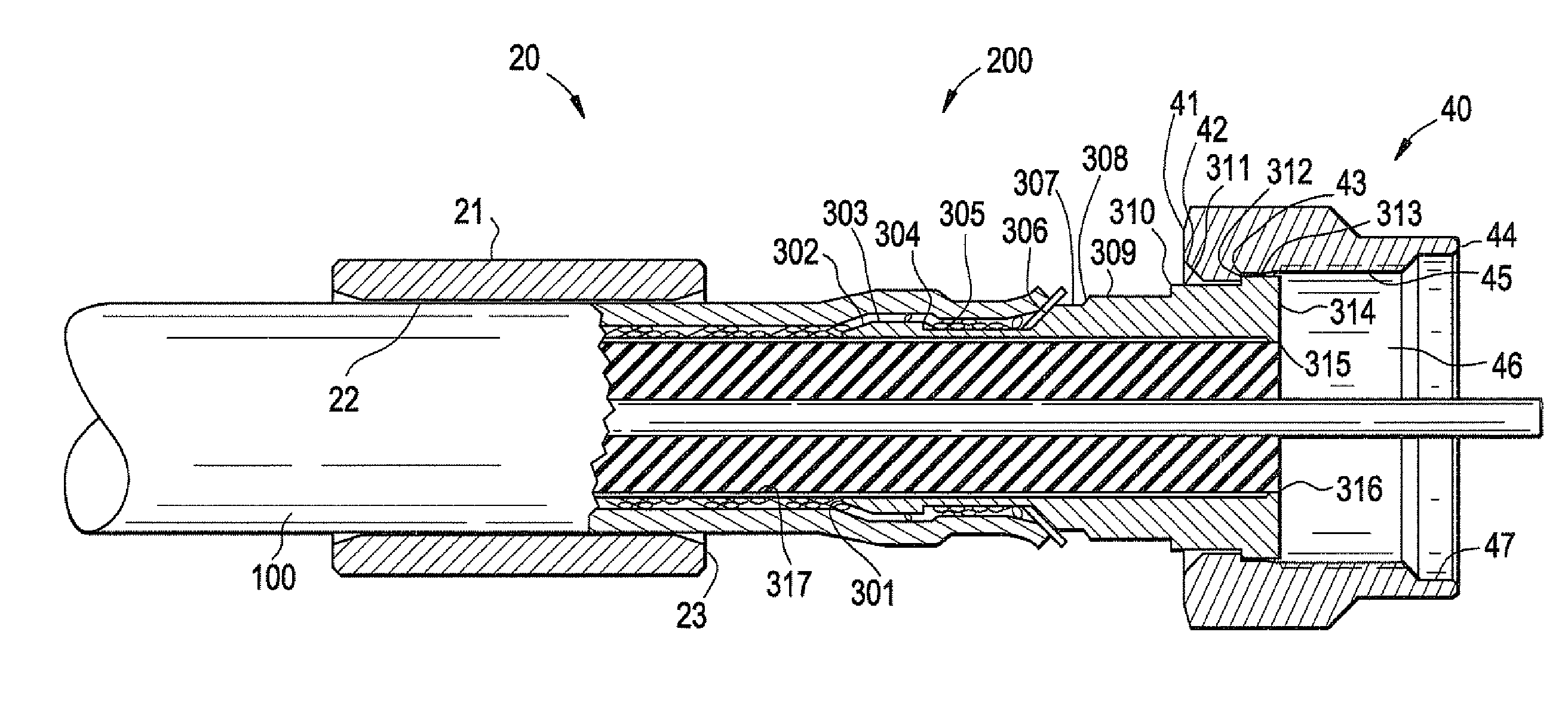 Coaxial connector and coaxial cable connector assembly and related method