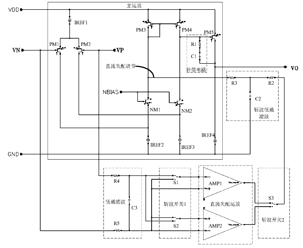 High-precision operational amplifier circuit integrating chopping and automatic zero setting technologies