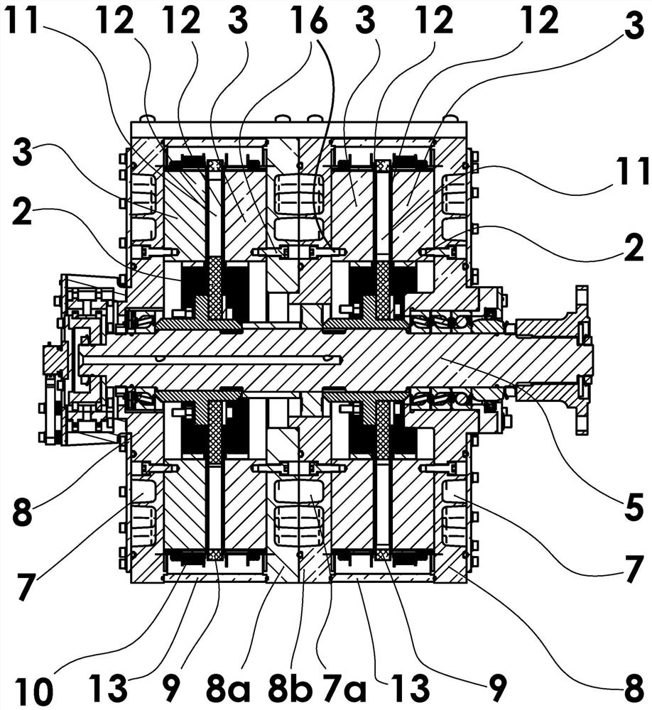 Electromagnetic motor or generator with two rotors, four stators and an integrated cooling system