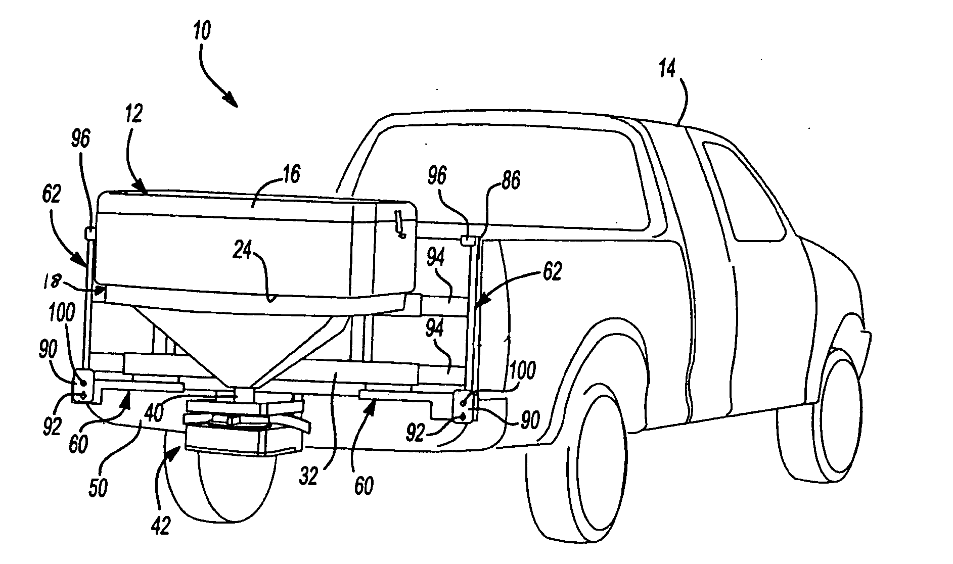 Mounting assembly for supporting a hopper and a spreading mechanism on a vehicle