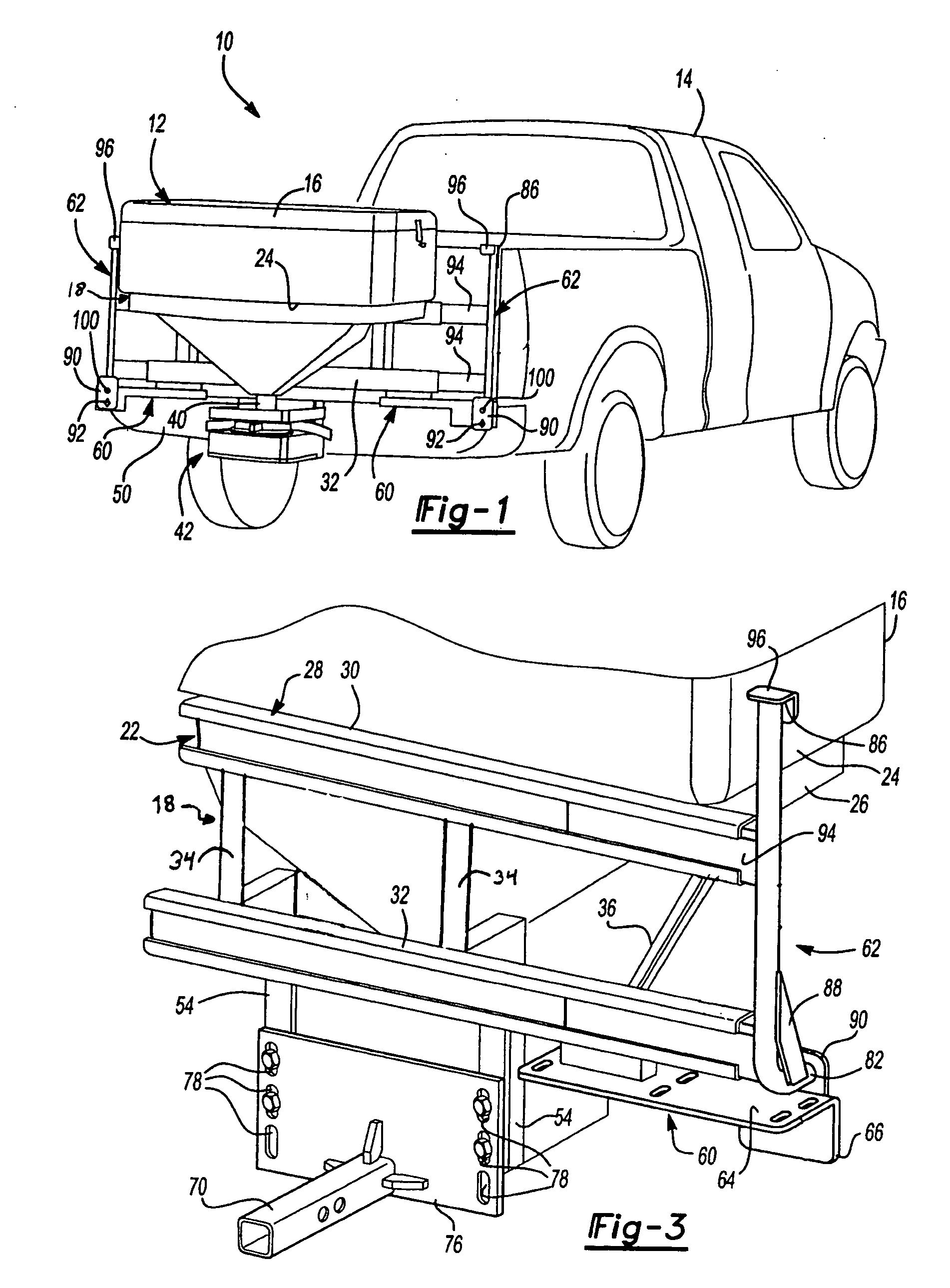 Mounting assembly for supporting a hopper and a spreading mechanism on a vehicle