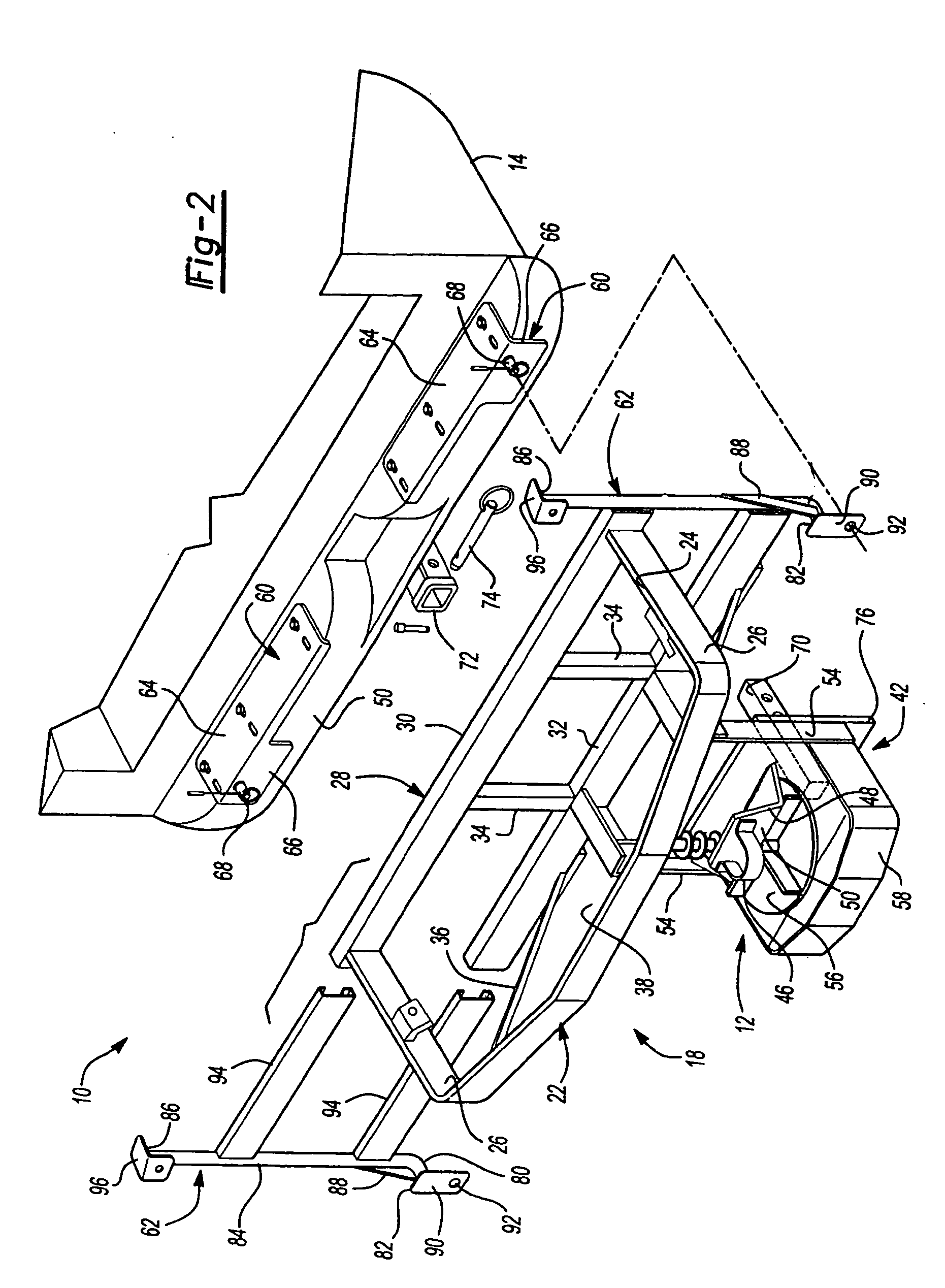 Mounting assembly for supporting a hopper and a spreading mechanism on a vehicle