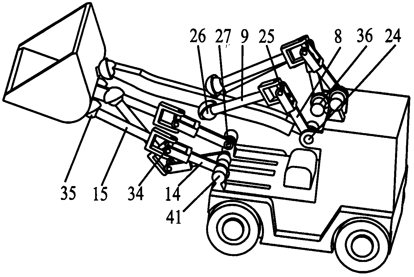 Space controllable mechanism-type loader with three-dimensional rotational moving arm and three-dimensional rotational bucket