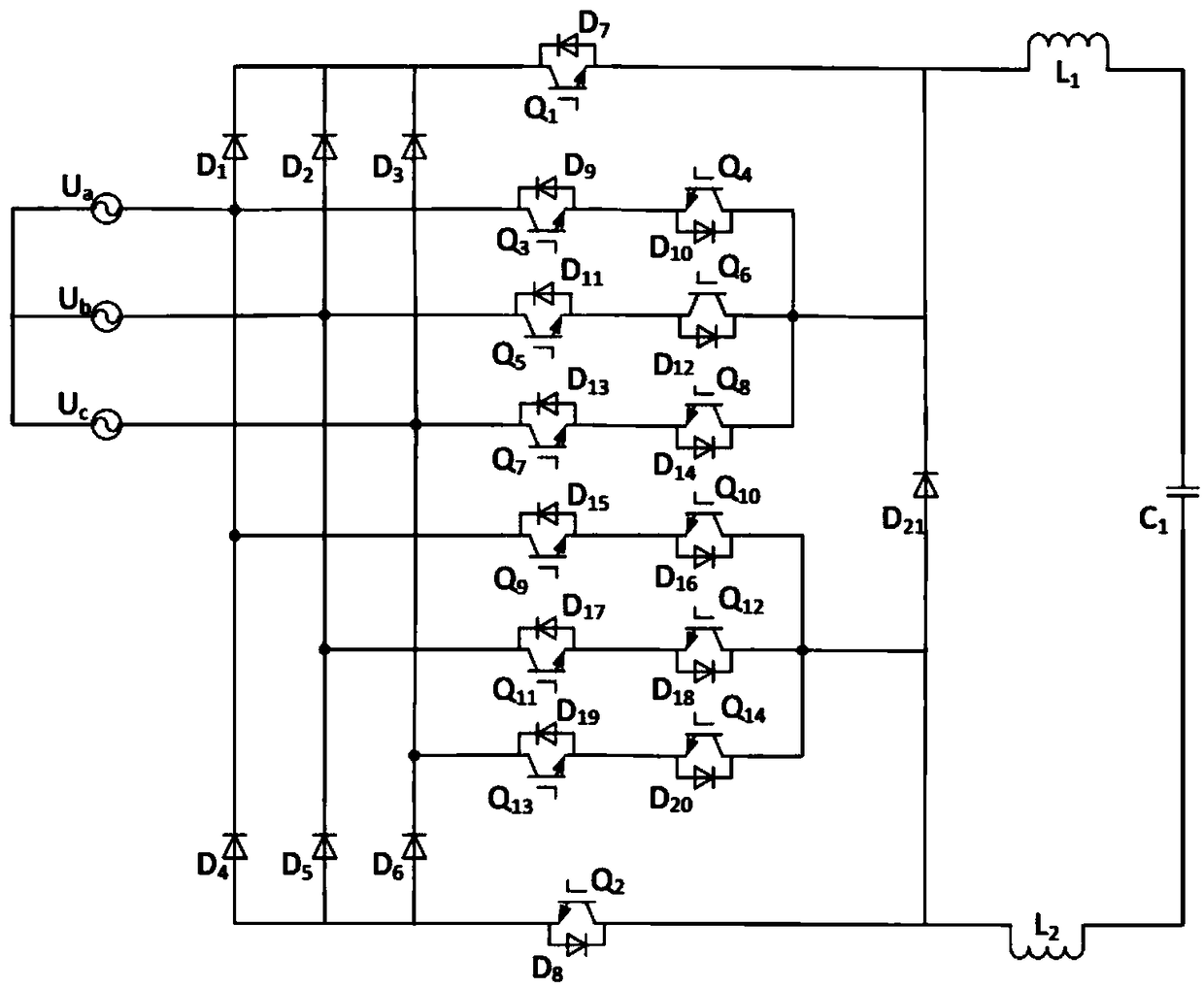 A three-phase step-down PFC rectifier circuit