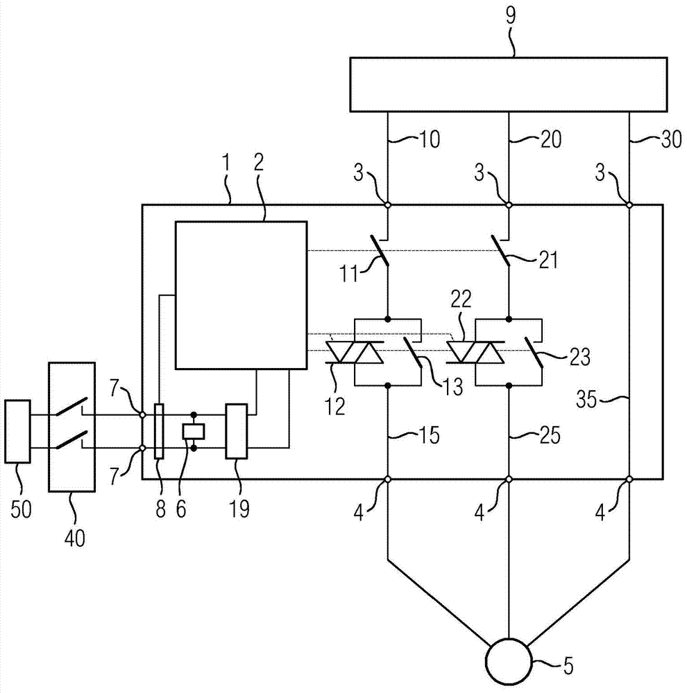 Switching device for controlling energy supply of a downstream electric motor