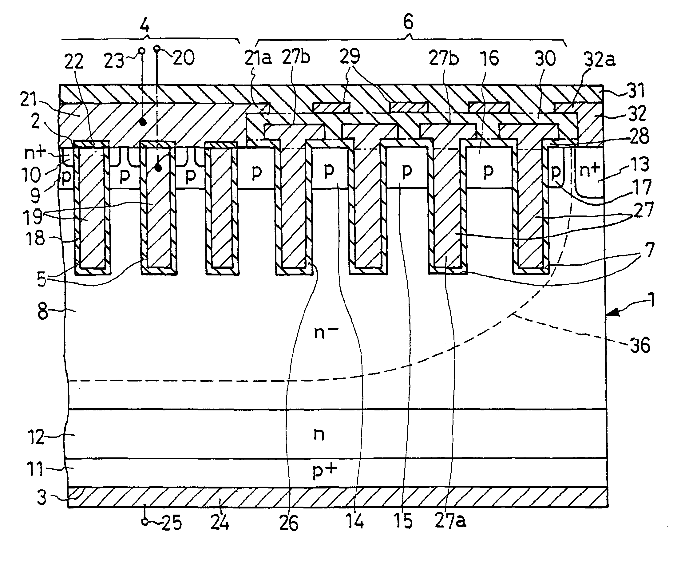 Trench semiconductor device of improved voltage strength, and method of fabrication