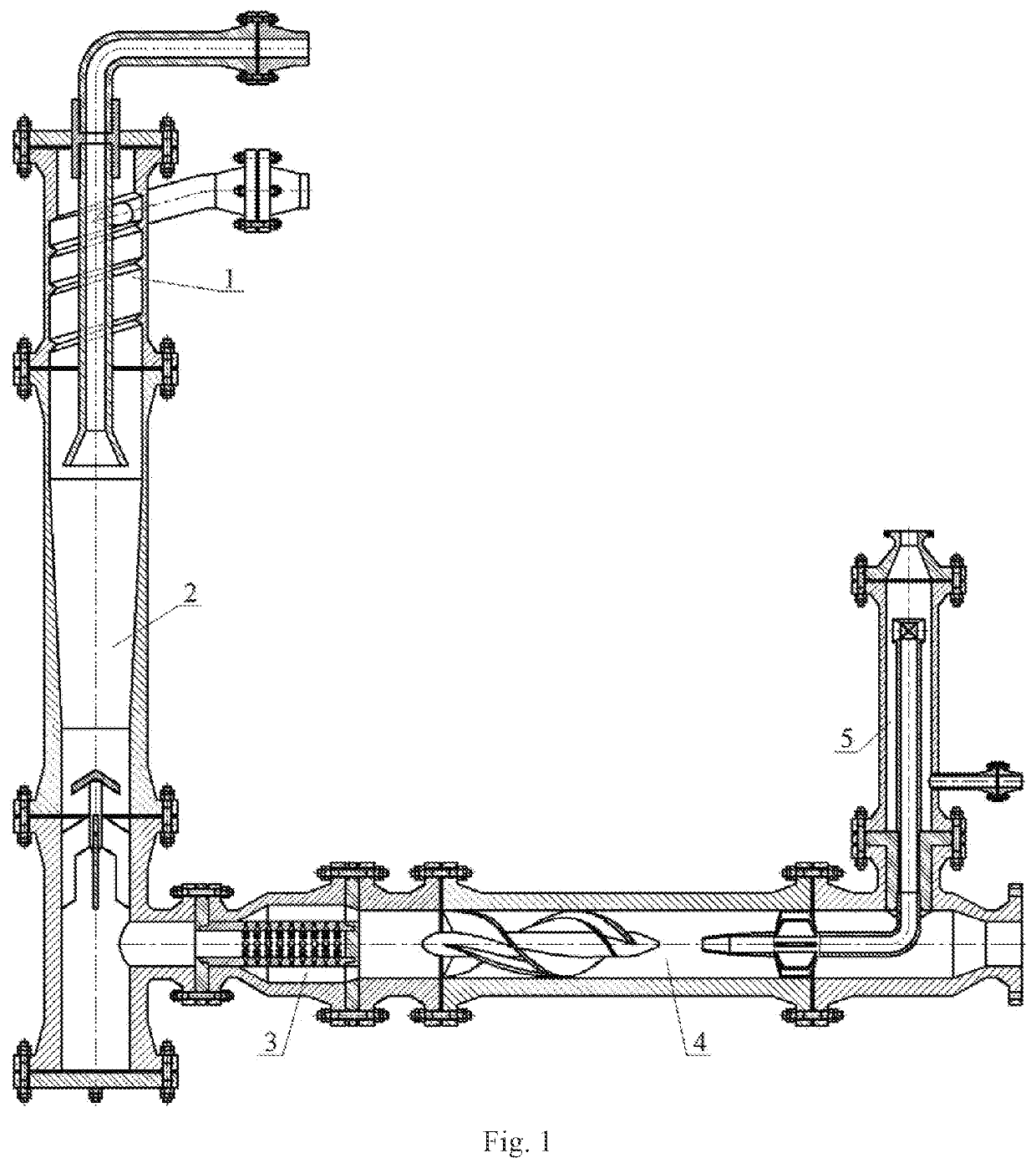 Compact l-shaped cylinder-cone combined tubular three-stage axial flow degassing device